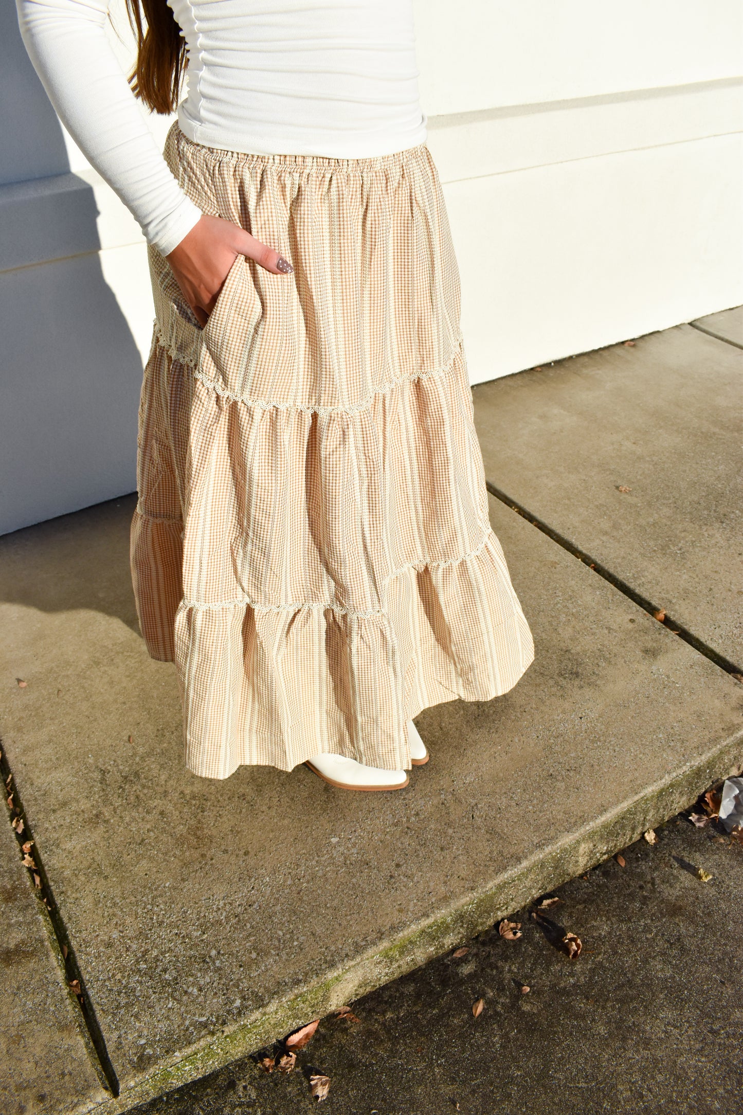 Lace Trim Gingham Maxi Skirt
