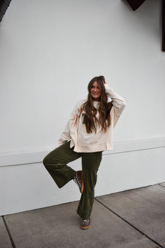 Risen High Rise Cropped Green Corduroy Pants