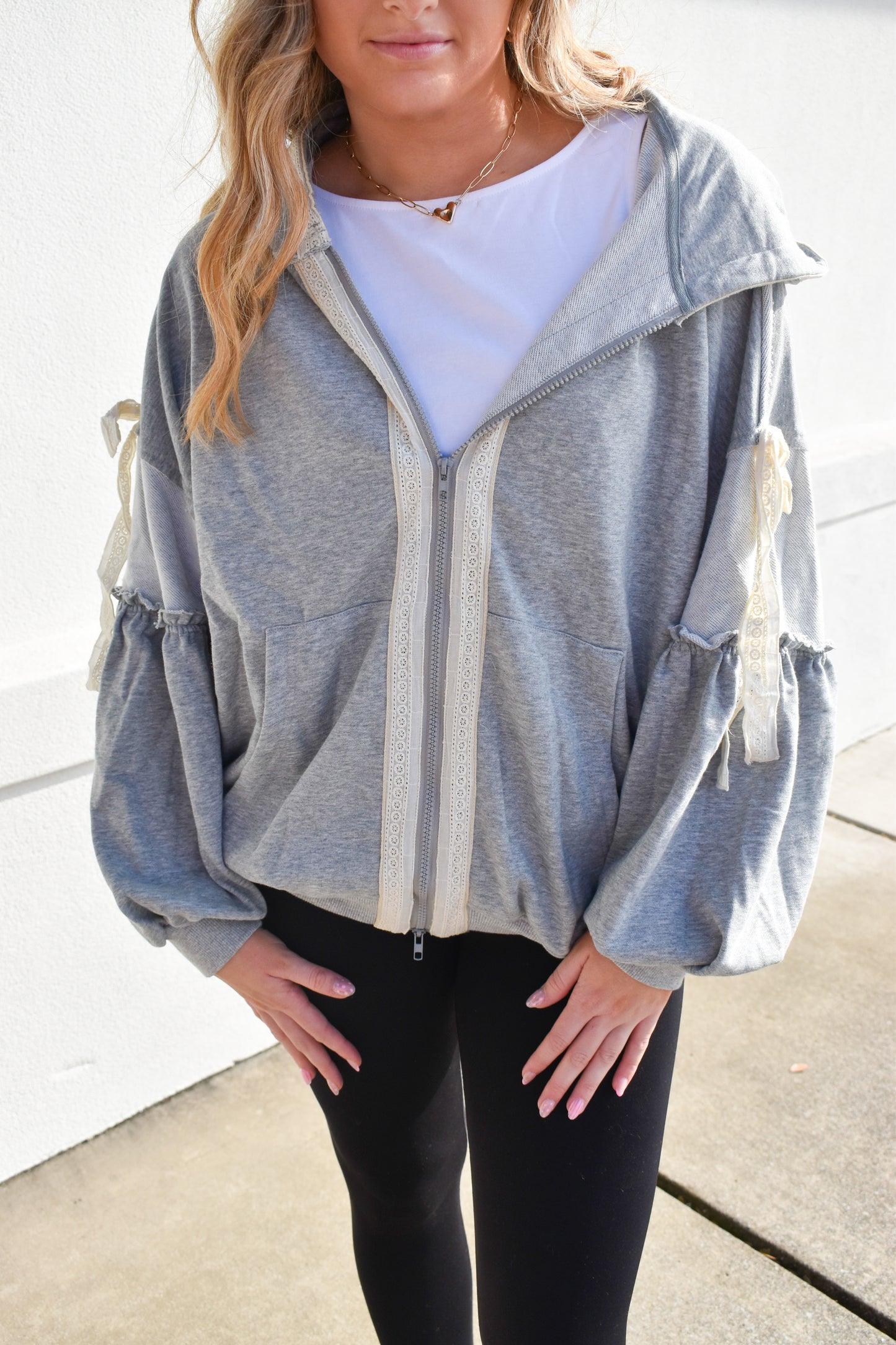 Bow Lace Hoodie W/ Double Zipper