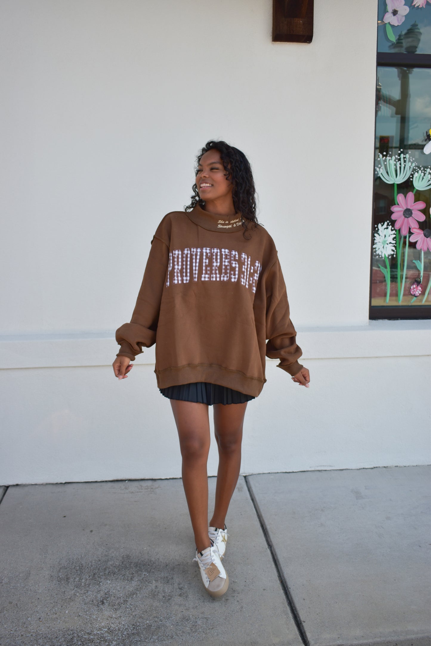 'PROVERBS 31:25' Script Collar Mockneck: Brown