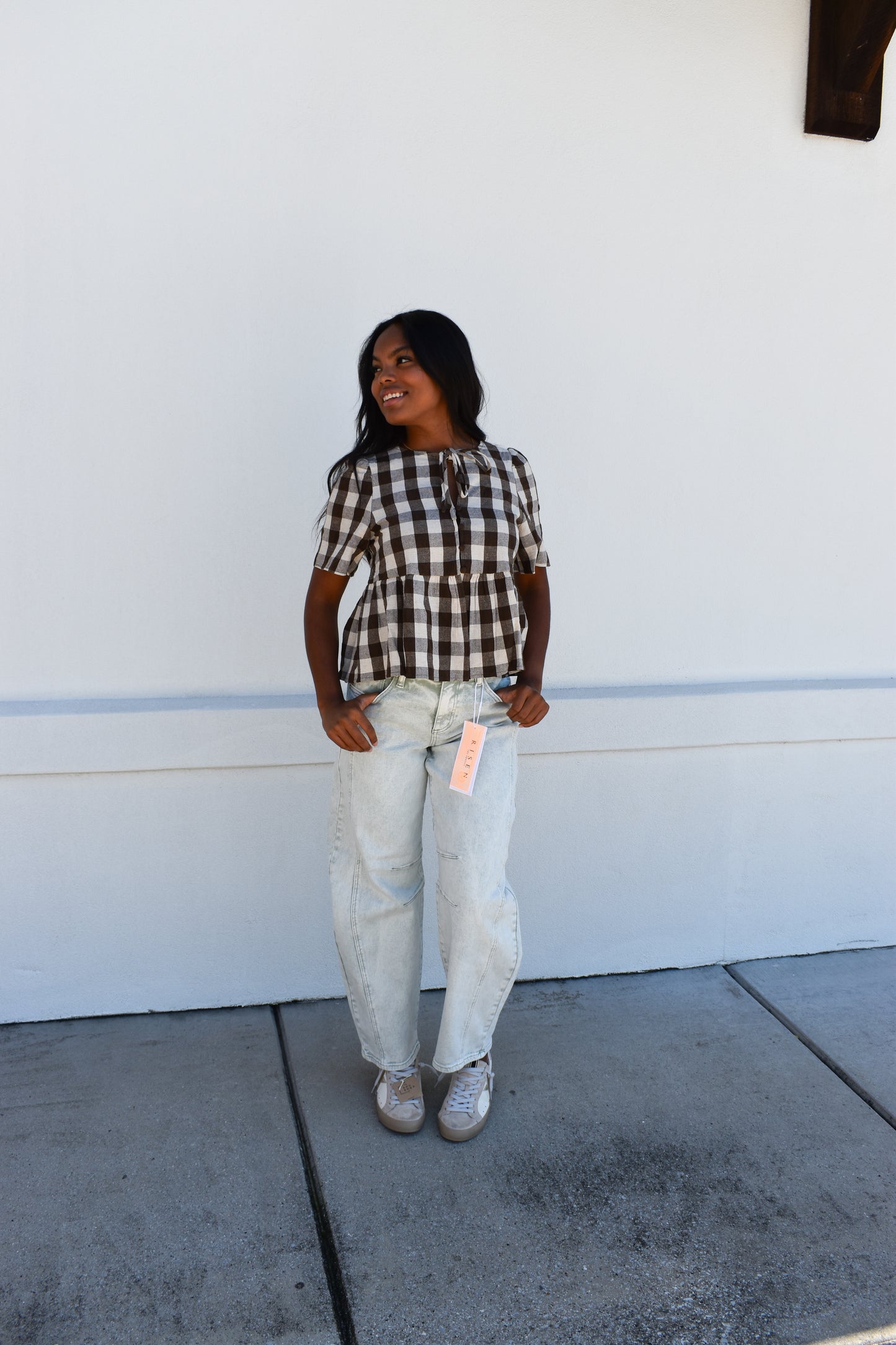 Keyhole Tie-Neck Gingham Peplum Blouse