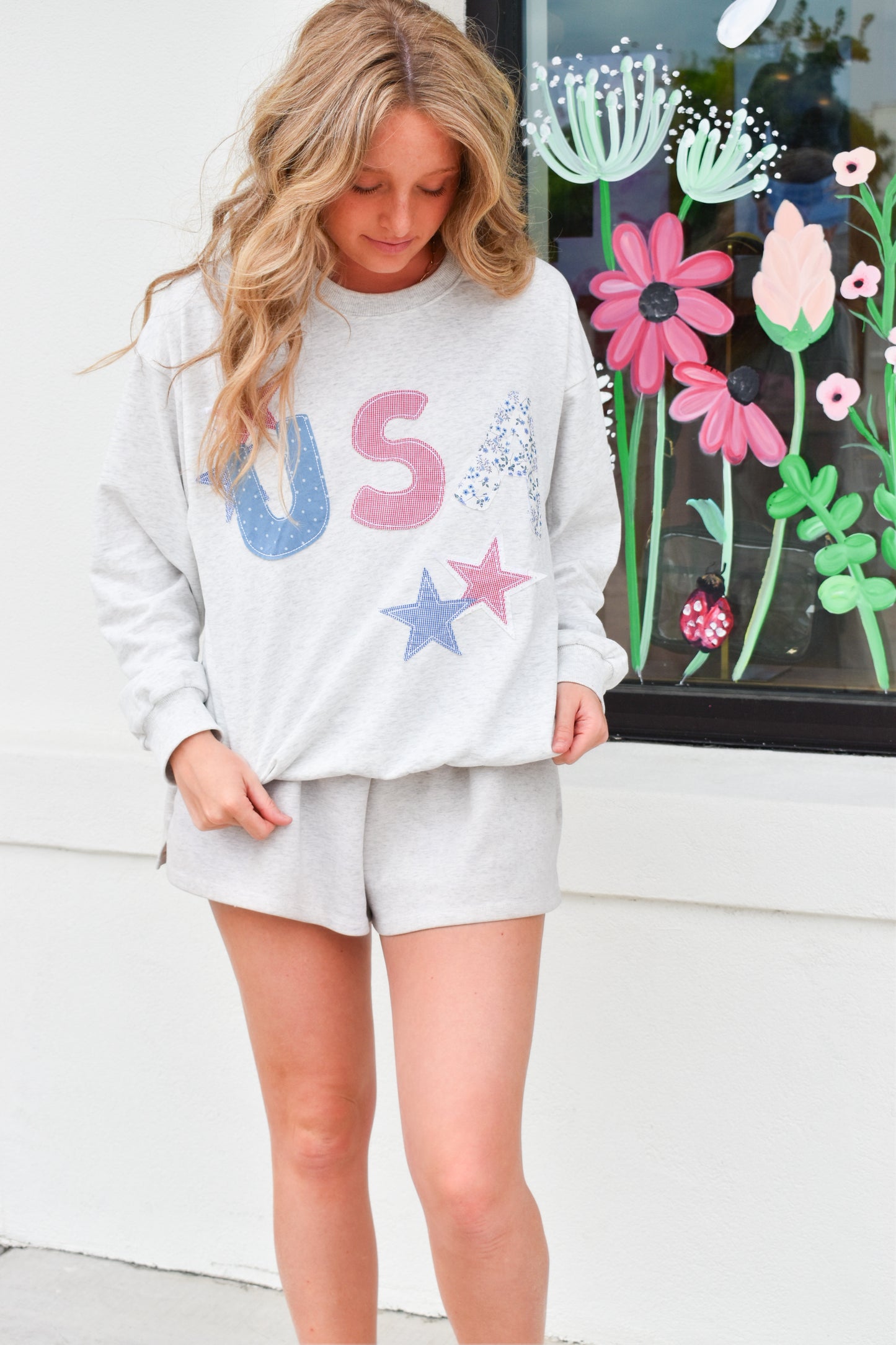 USA Patchwork Pattern Crewneck: Grey