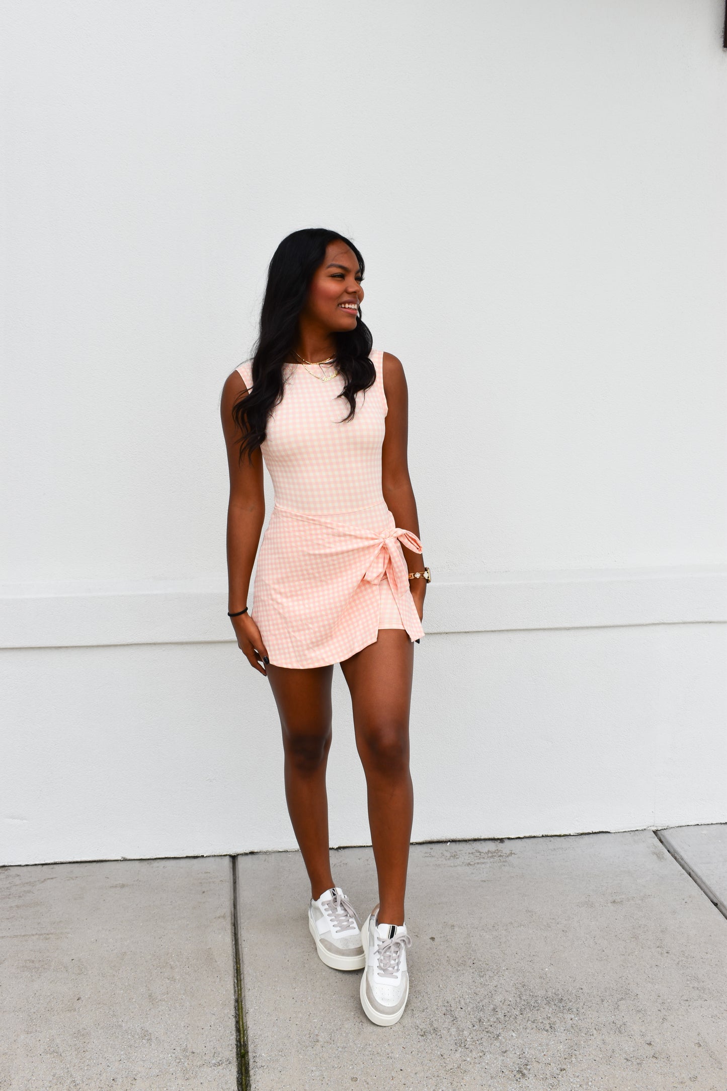 Gingham Athletic Wrap Tie Dress: Peach