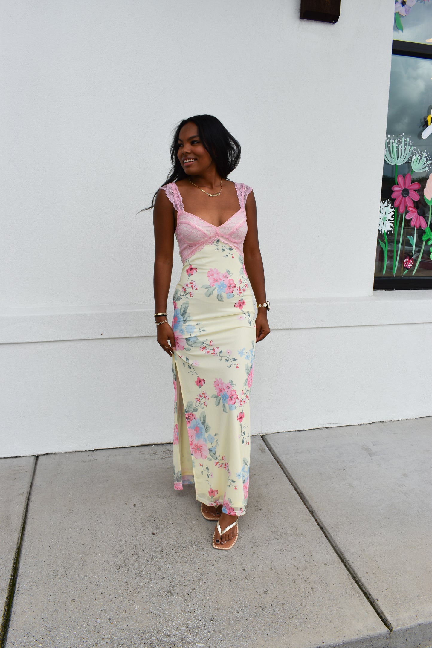 Mesh Floral Print Lace Detail Side Slit Maxi Dress