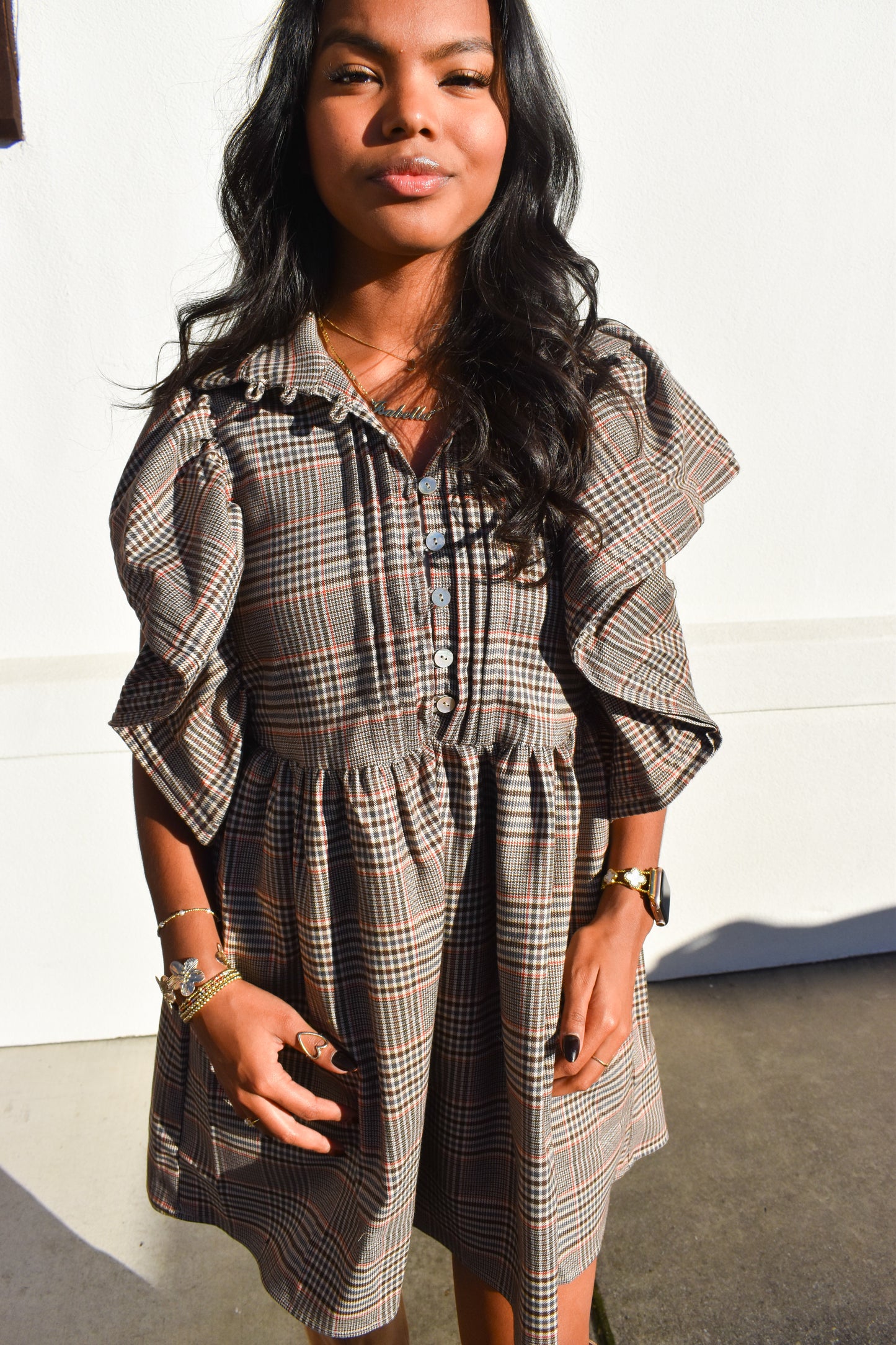 Ruffle Sleeves Pintuck Plaid Mini Dress