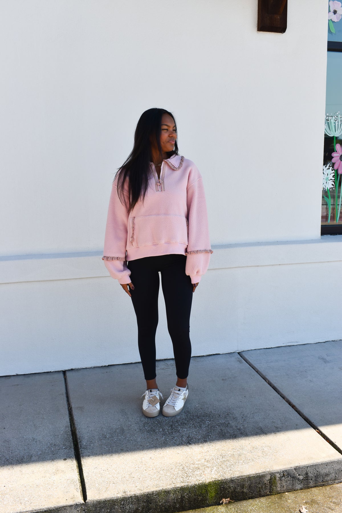 Gingham Fleece Collared Pullover: Pink