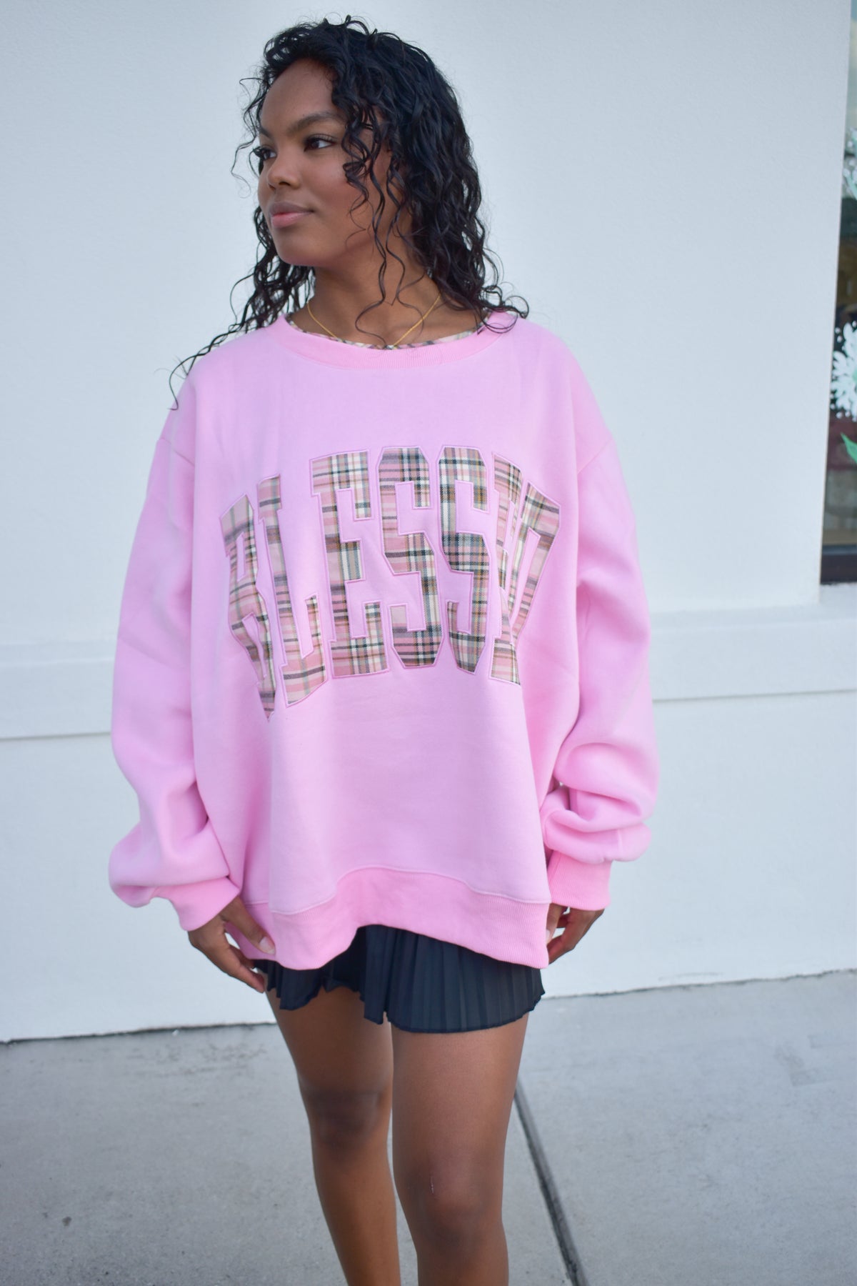 "Blessed" Plaid Collar Mockneck