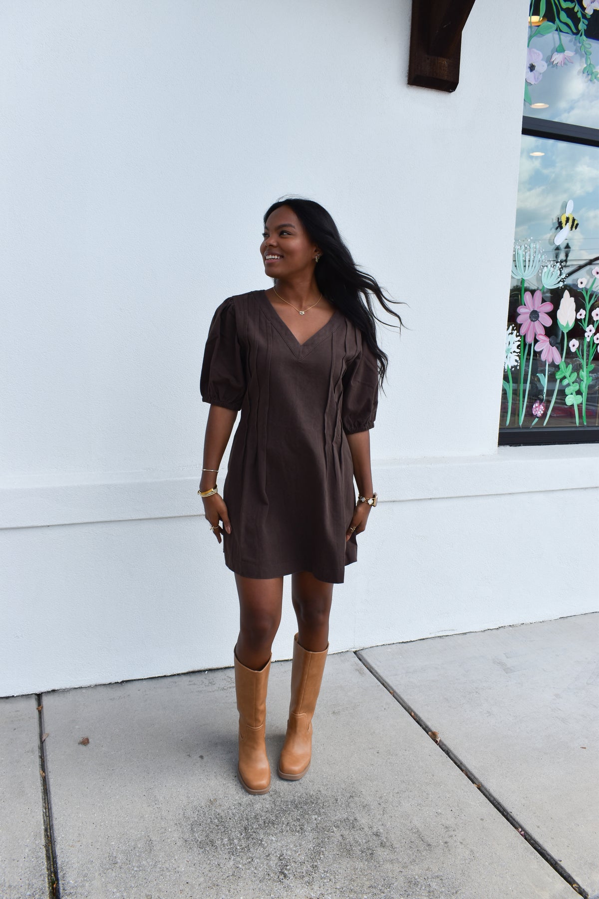 Puff Sleeve V Neck Mini Dress