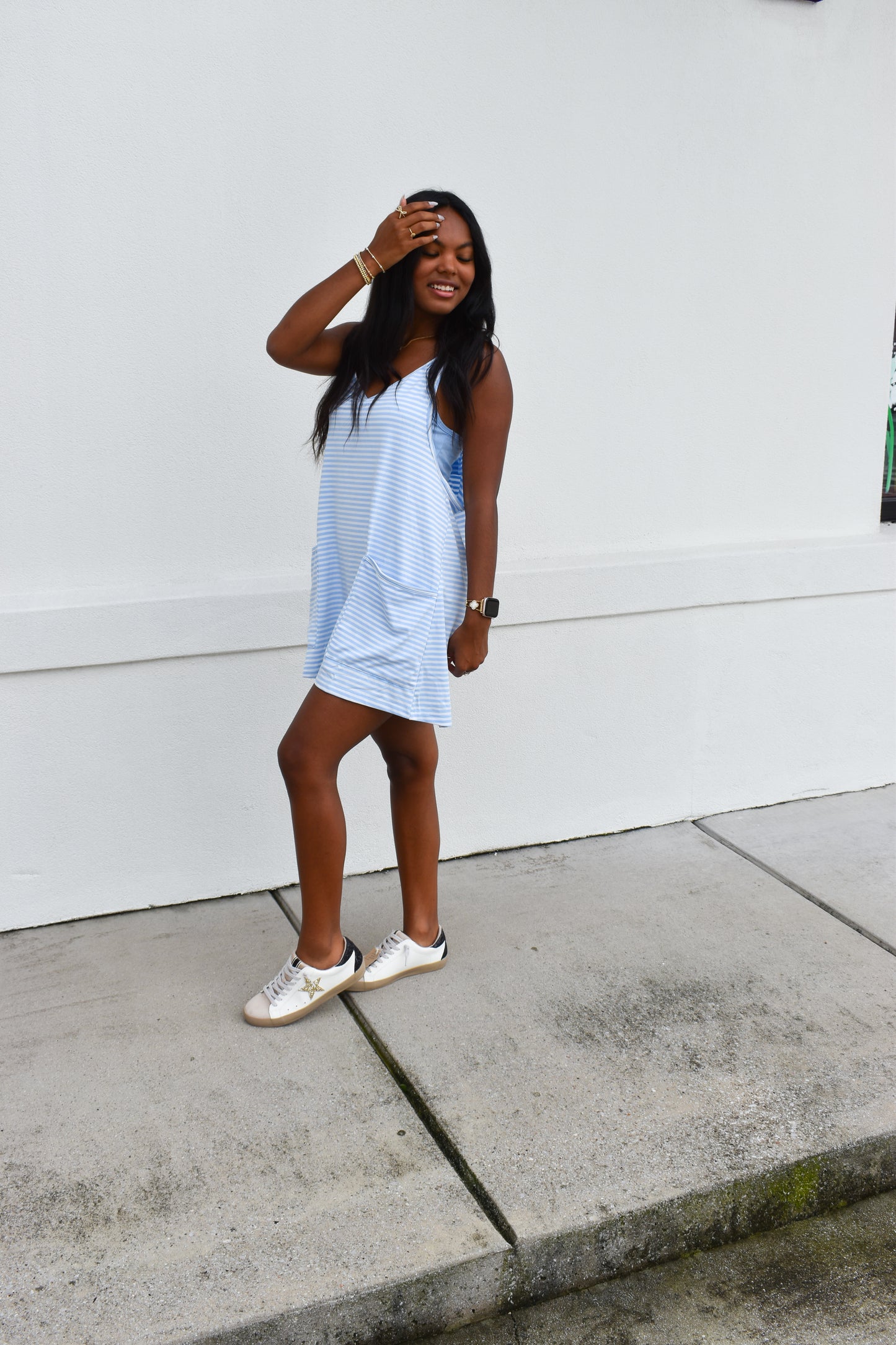 Striped Romper Dress W/ Built In Romper: Blue