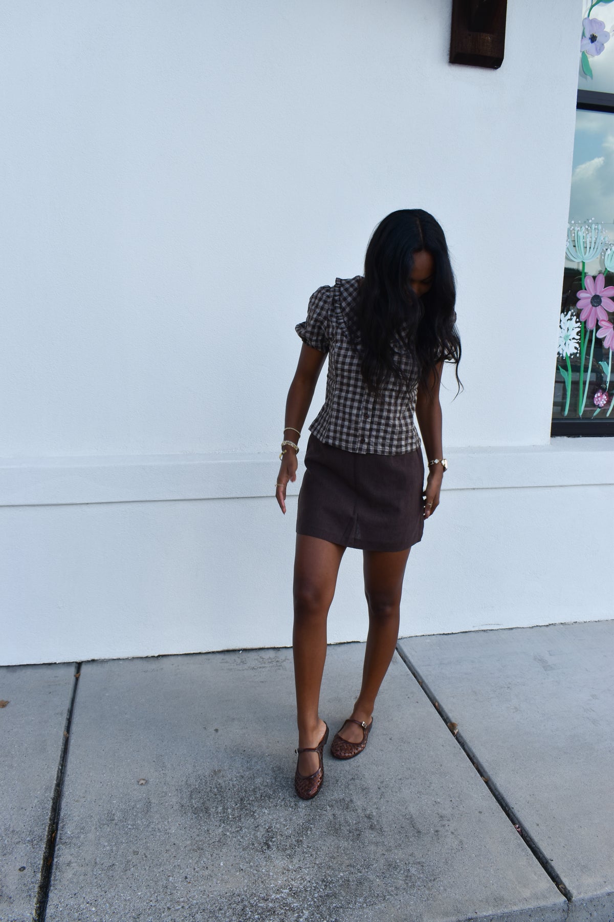 Gingham Plaid Button Top W/ Ruffle Collar
