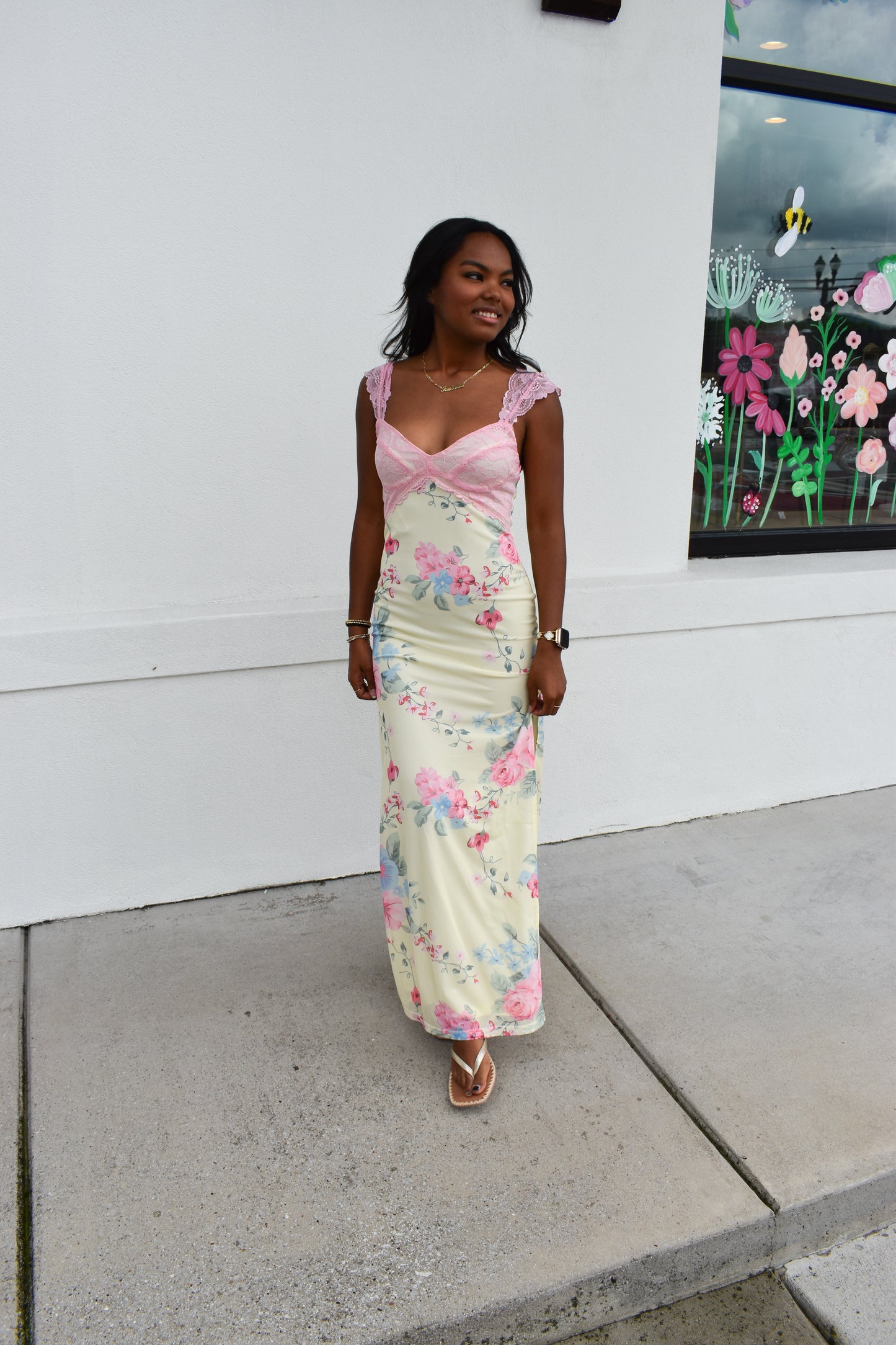 Mesh Floral Print Lace Detail Side Slit Maxi Dress