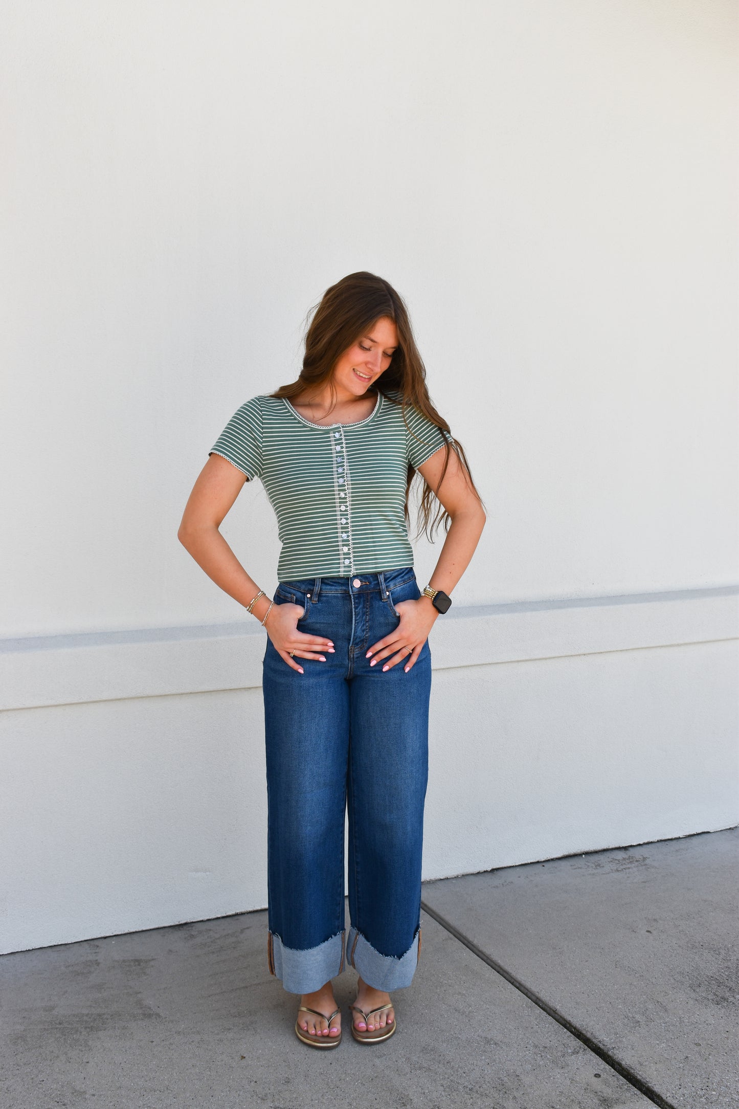 Risen High-Rise Wide-Cuffed Jeans: Dark Wash