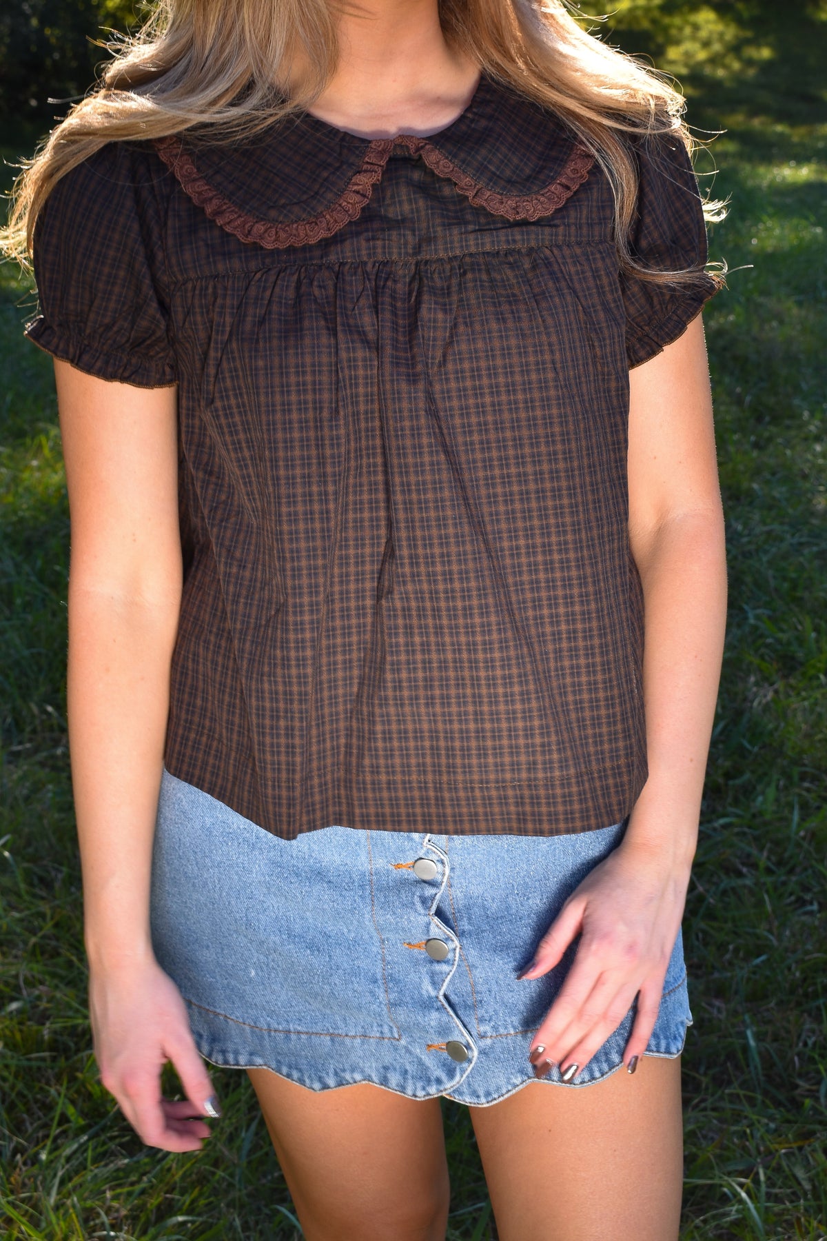 Plaid Peter Pan Collar Puff Sleeve Blouse
