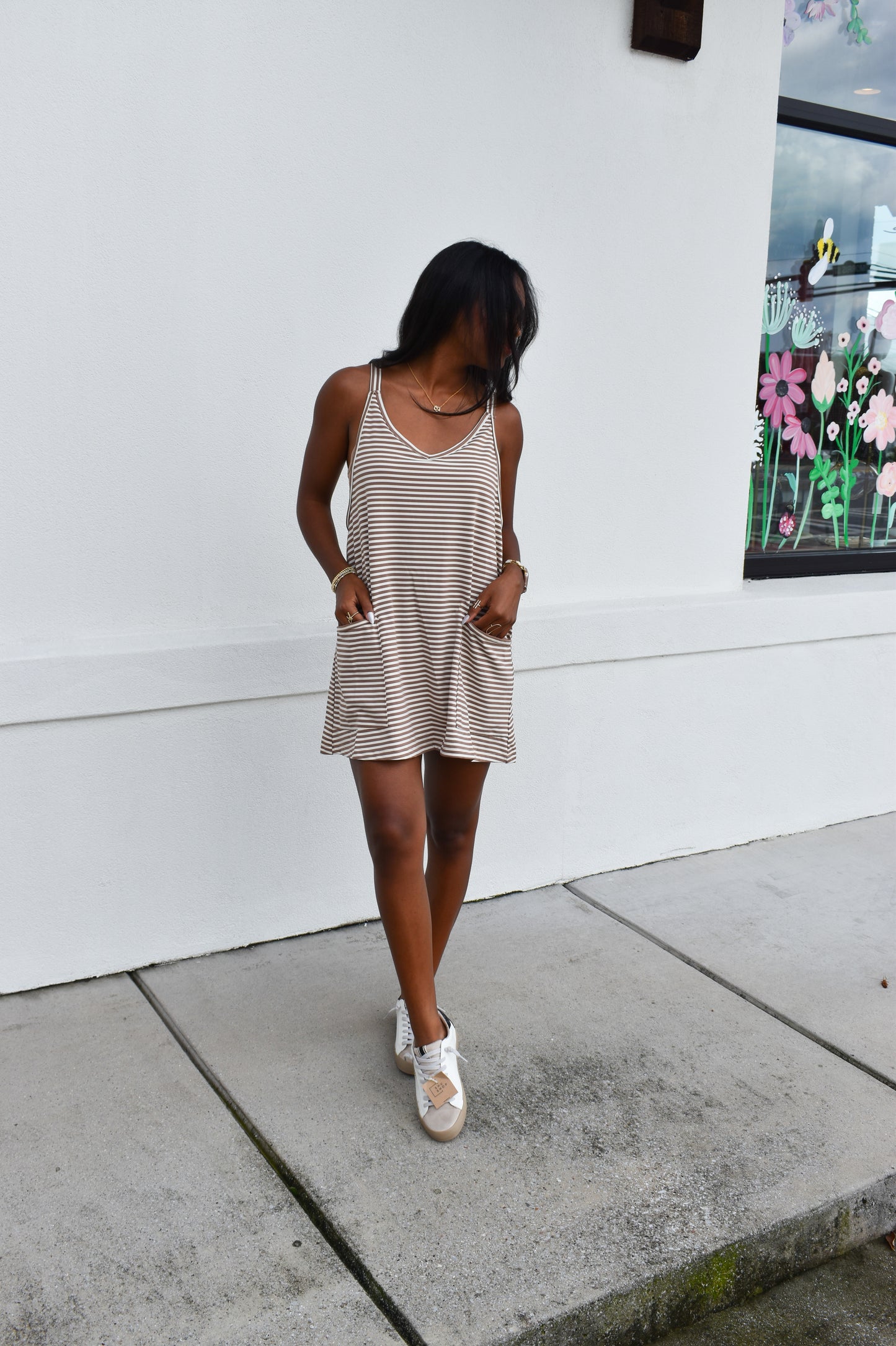 Striped Romper Dress W/ Built In Romper: Brown