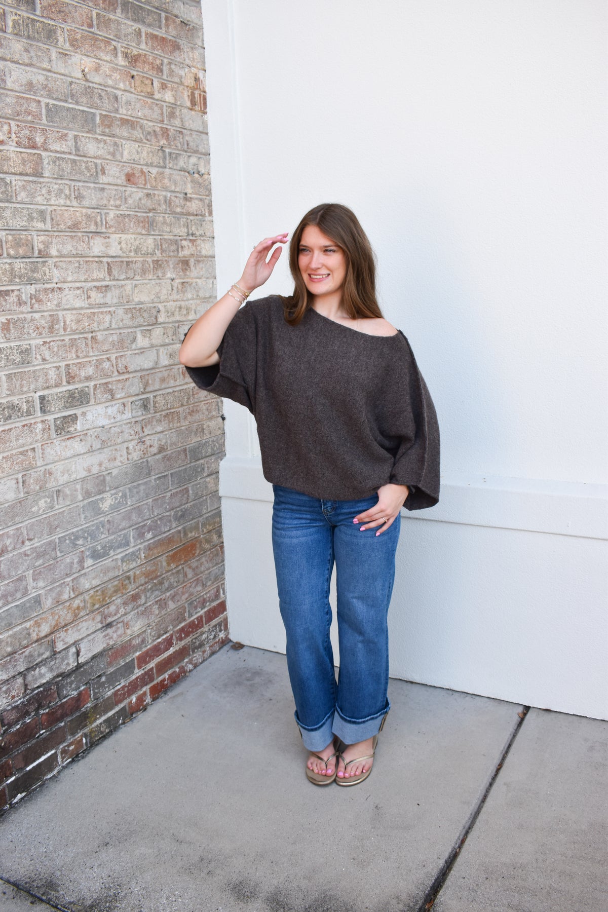 Gloria One Shoulder Knit Top: Brown