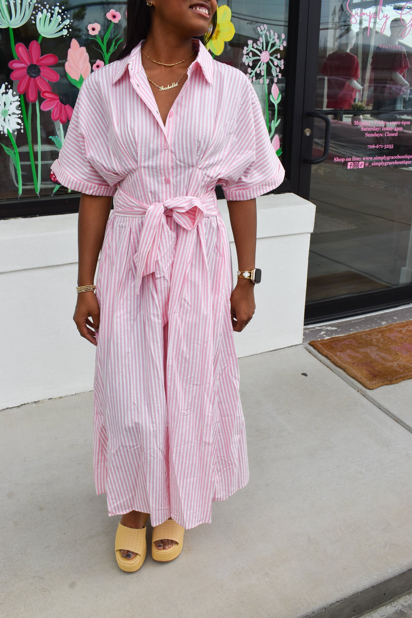 Seer Sucker Striped W/ Bow Tie Maxi Dress
