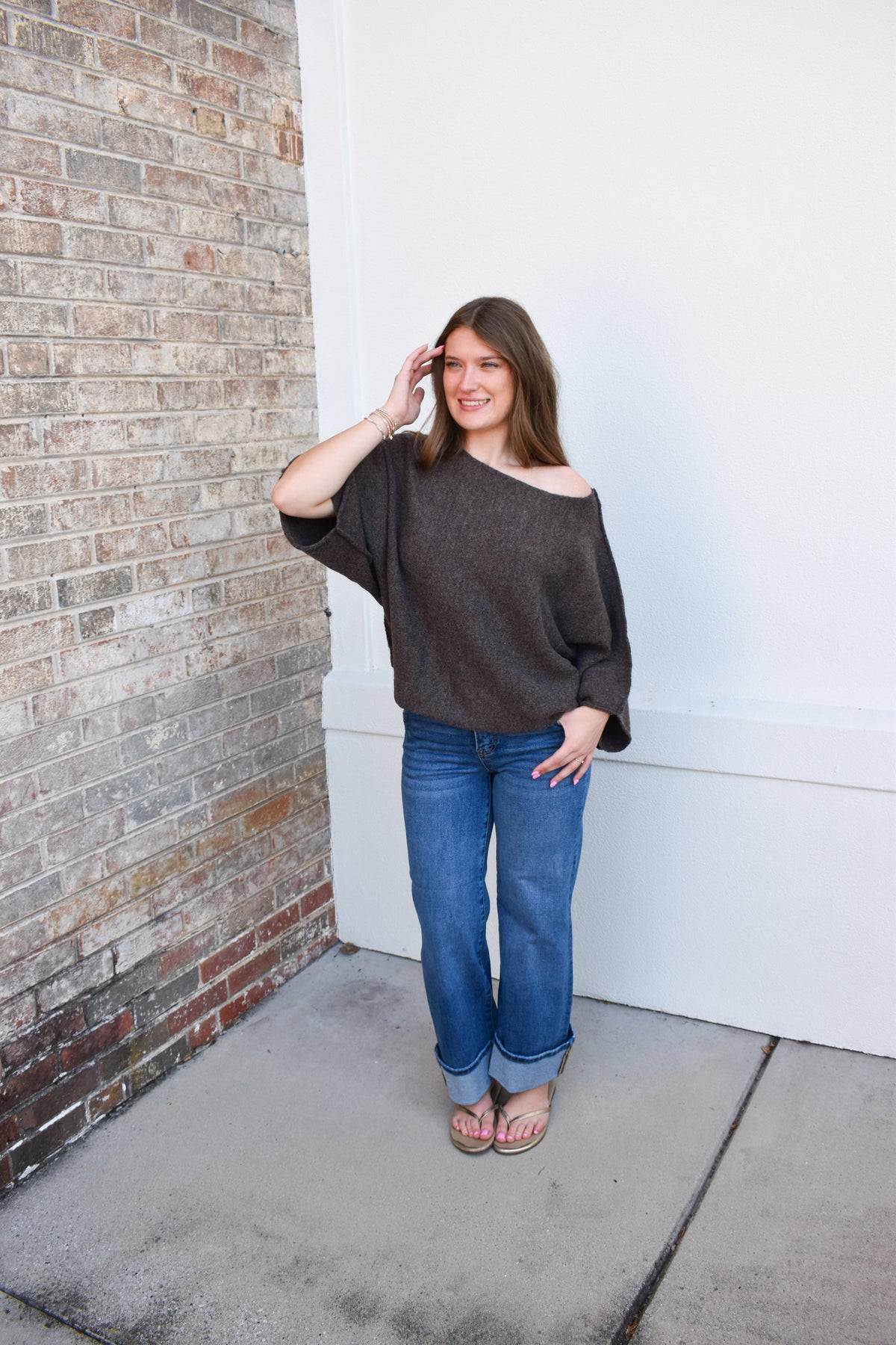Gloria One Shoulder Knit Top: Brown