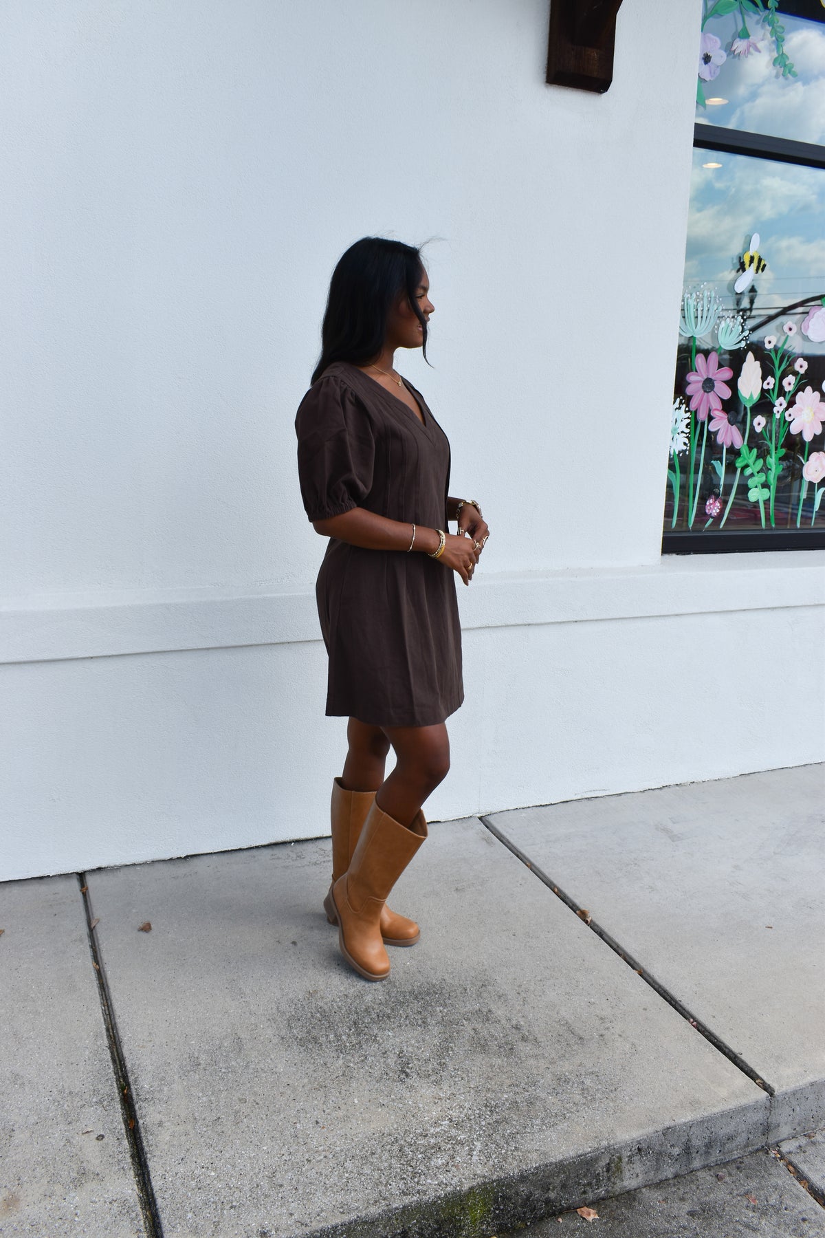 Puff Sleeve V Neck Mini Dress