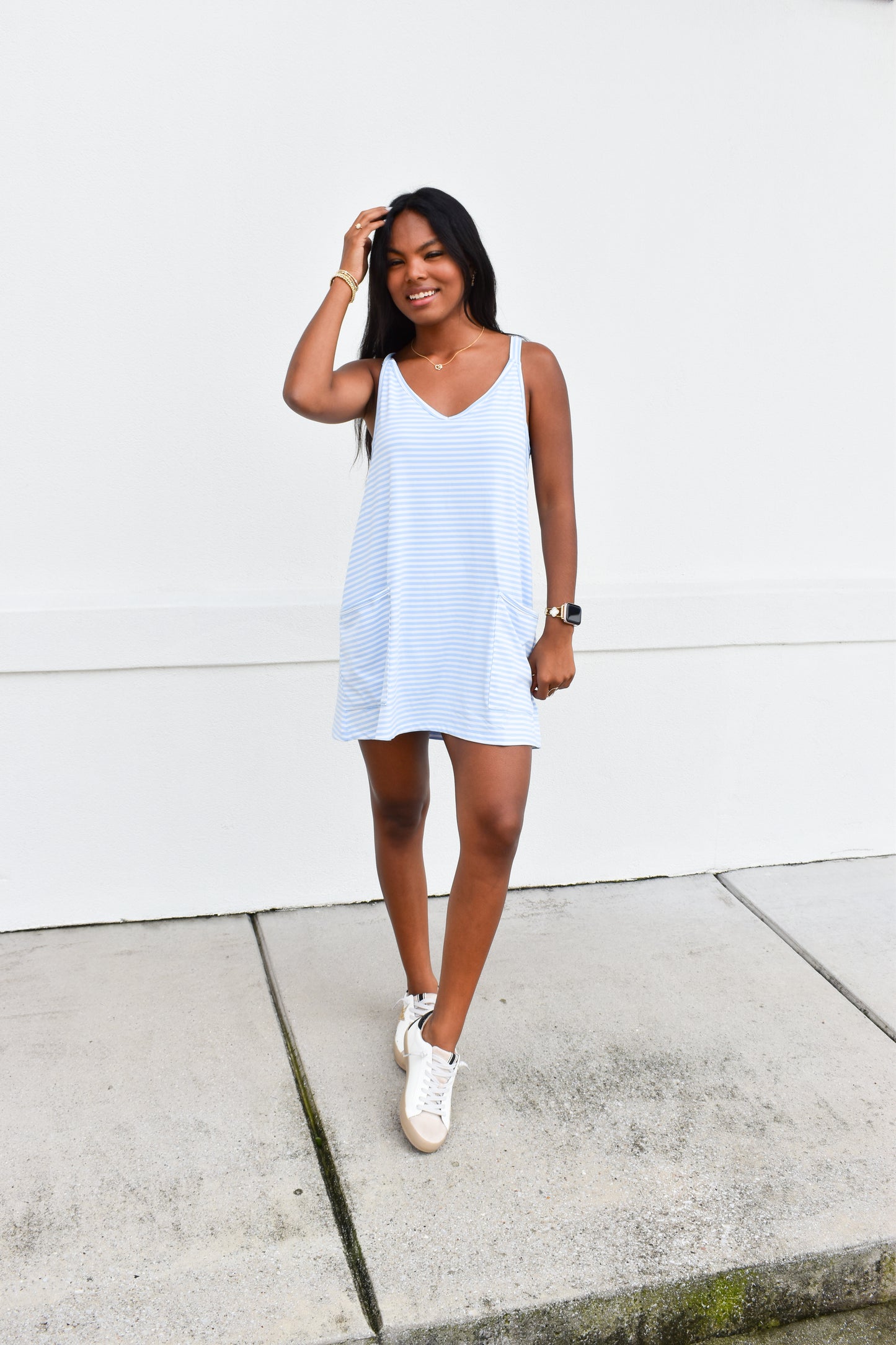 Striped Romper Dress W/ Built In Romper: Blue