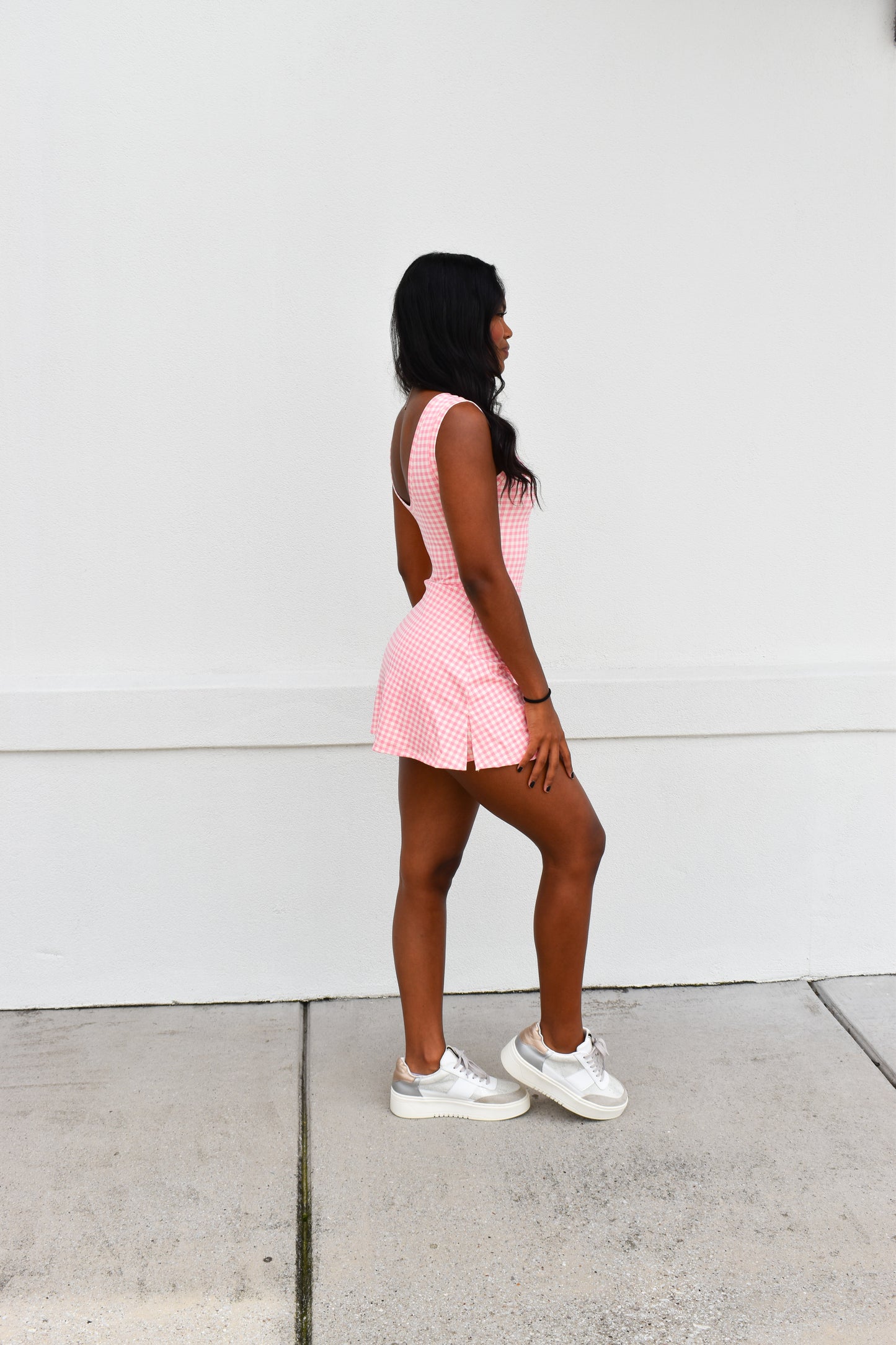 Gingham Athletic Wrap Tie Dress: Light Pink