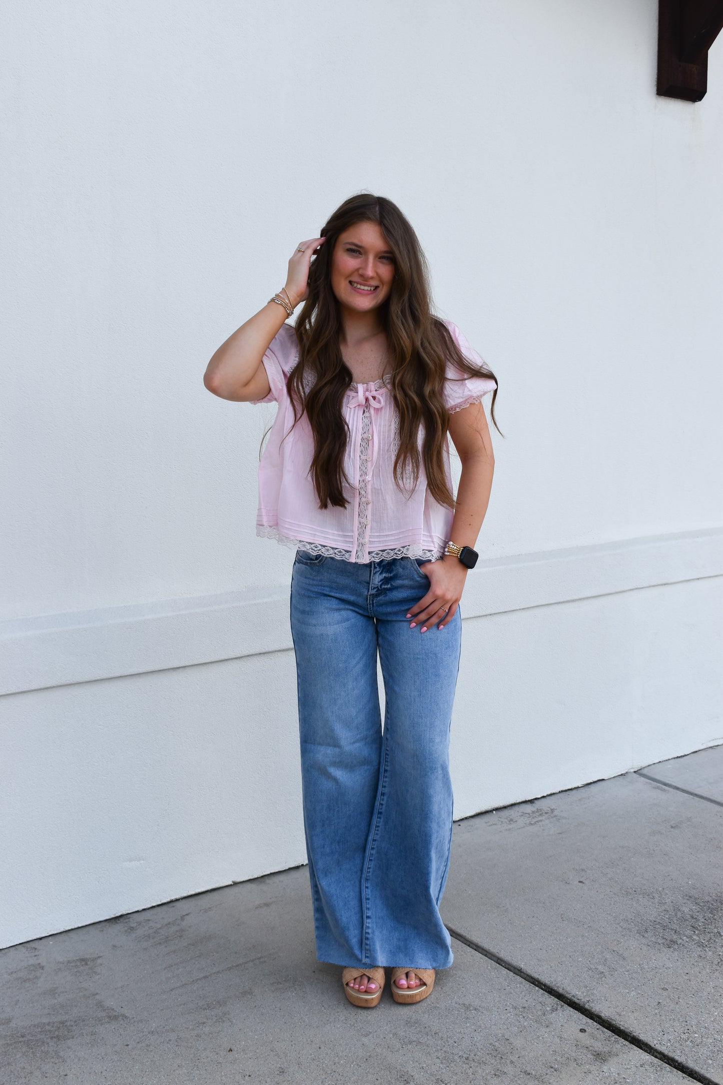 Risen Tummy Control High Rise Ankle Pallazo Jeans: Light Wash