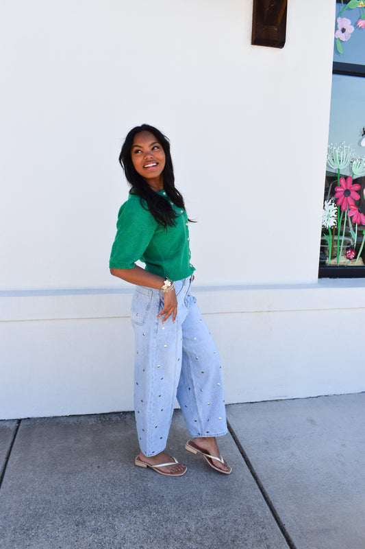 Studded Denim Barrel Jeans