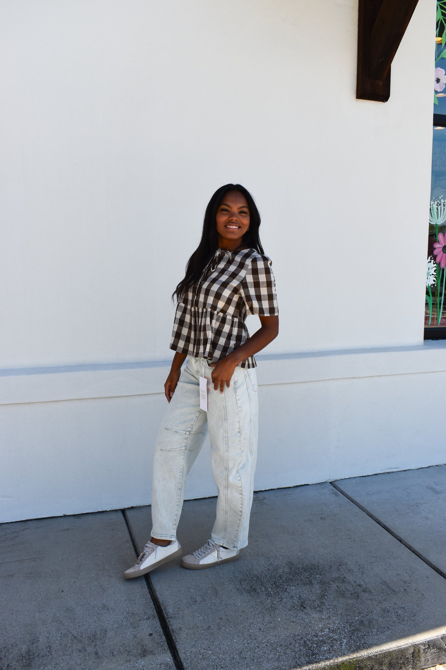 Keyhole Tie-Neck Gingham Peplum Blouse