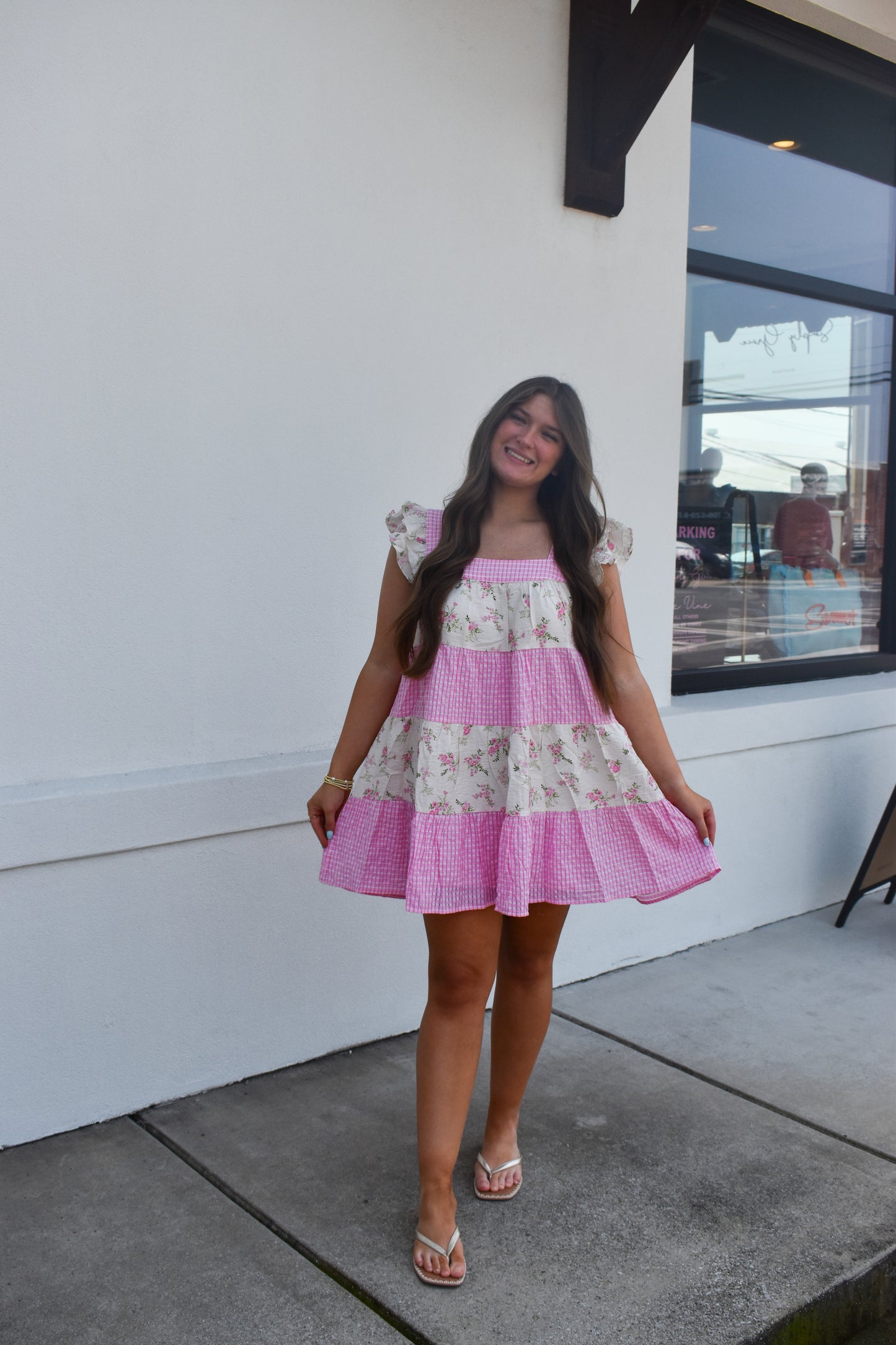 Mini Dress W/ Mixed Floral Print and Pink Gingham