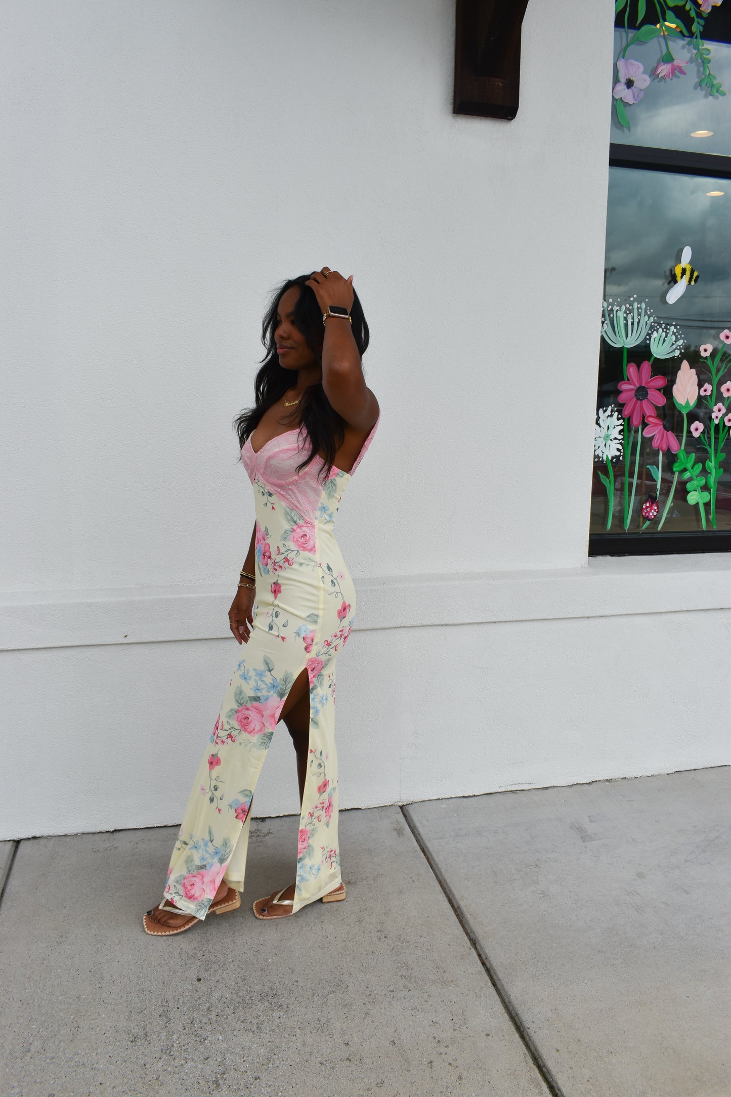 Mesh Floral Print Lace Detail Side Slit Maxi Dress