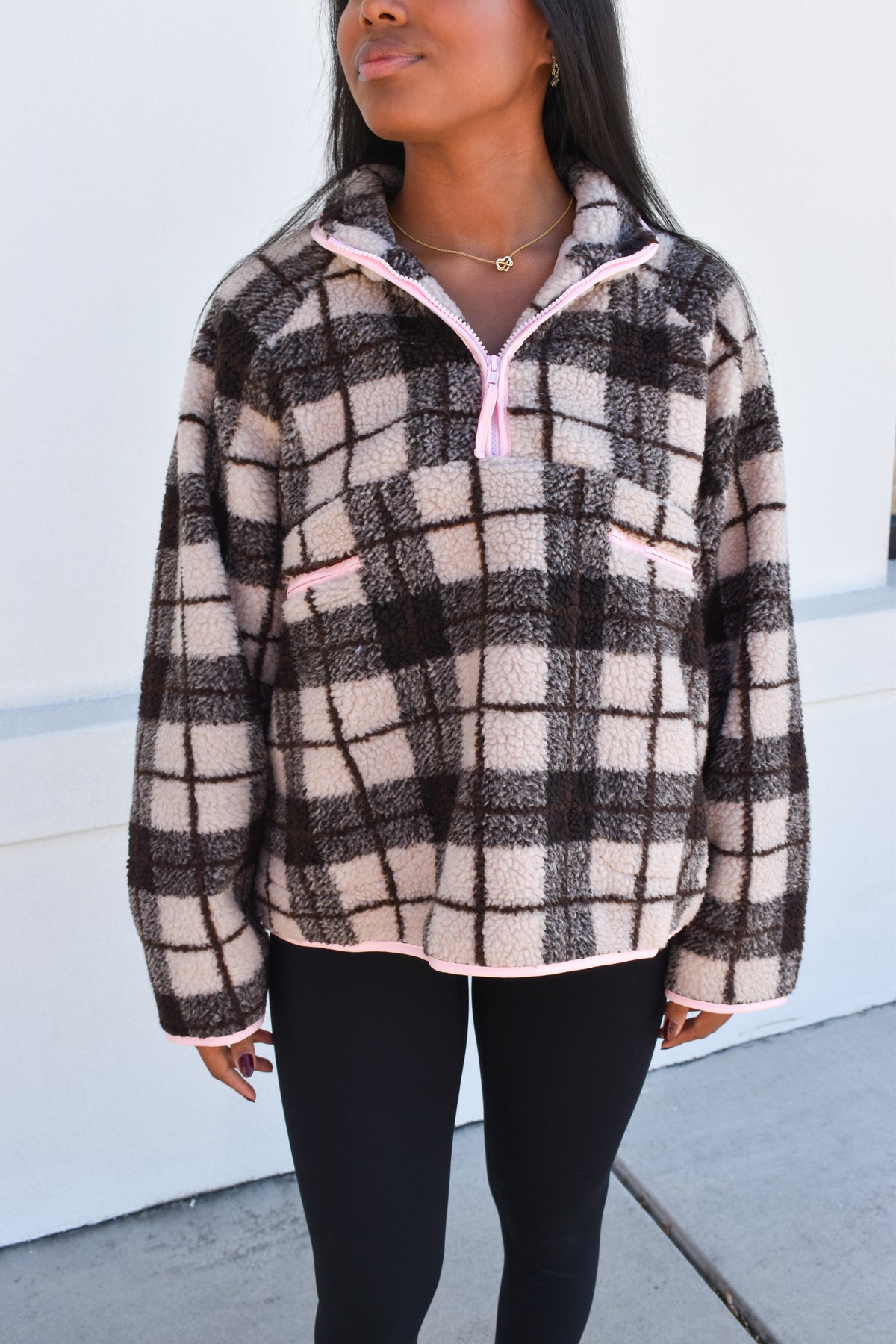 Plaid Sherpa Half-Zip W/ Pink Detail