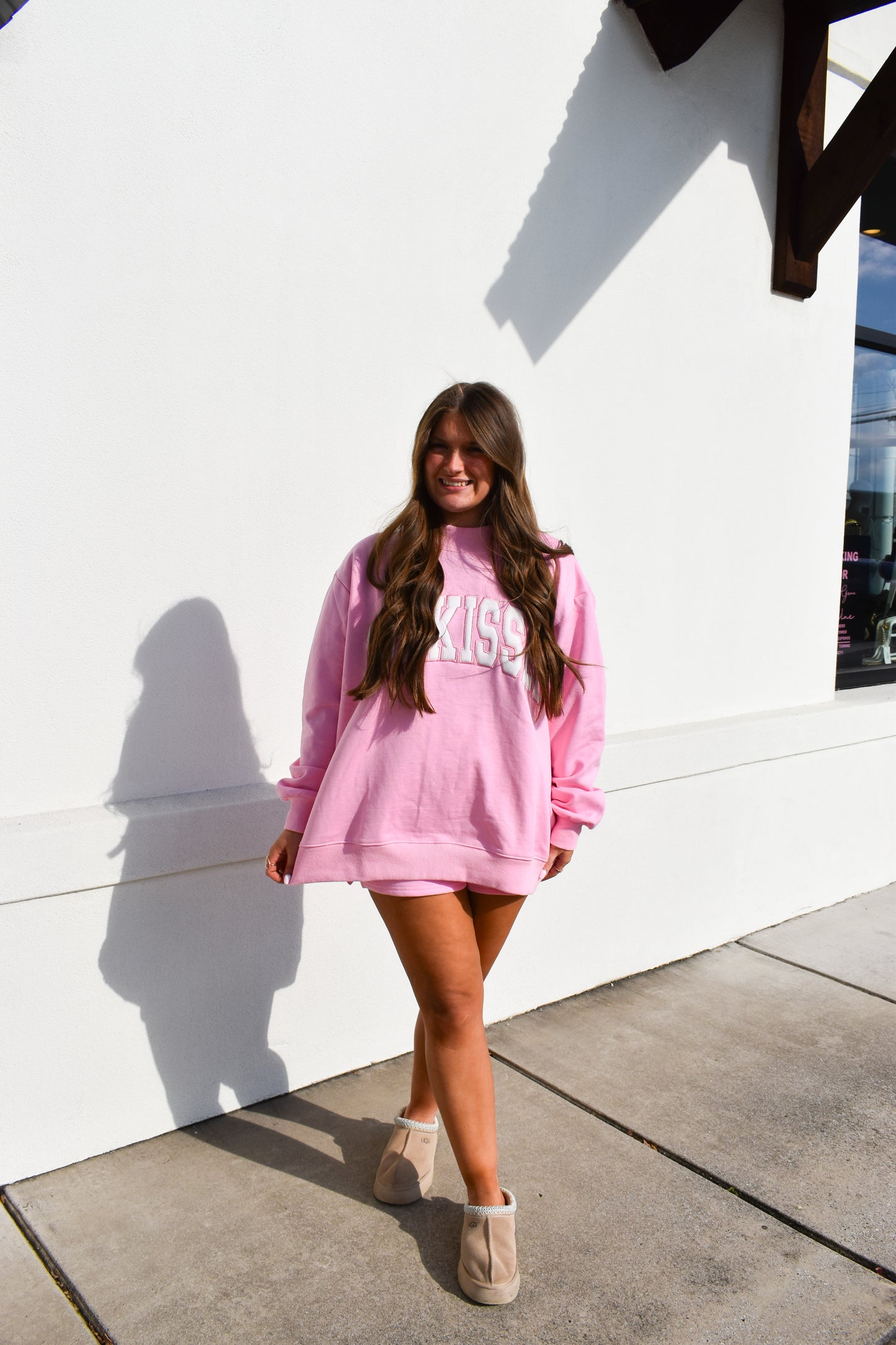 Lottie Pink Varsity Sunkissed Embroidered Mockneck: Lottie Pink