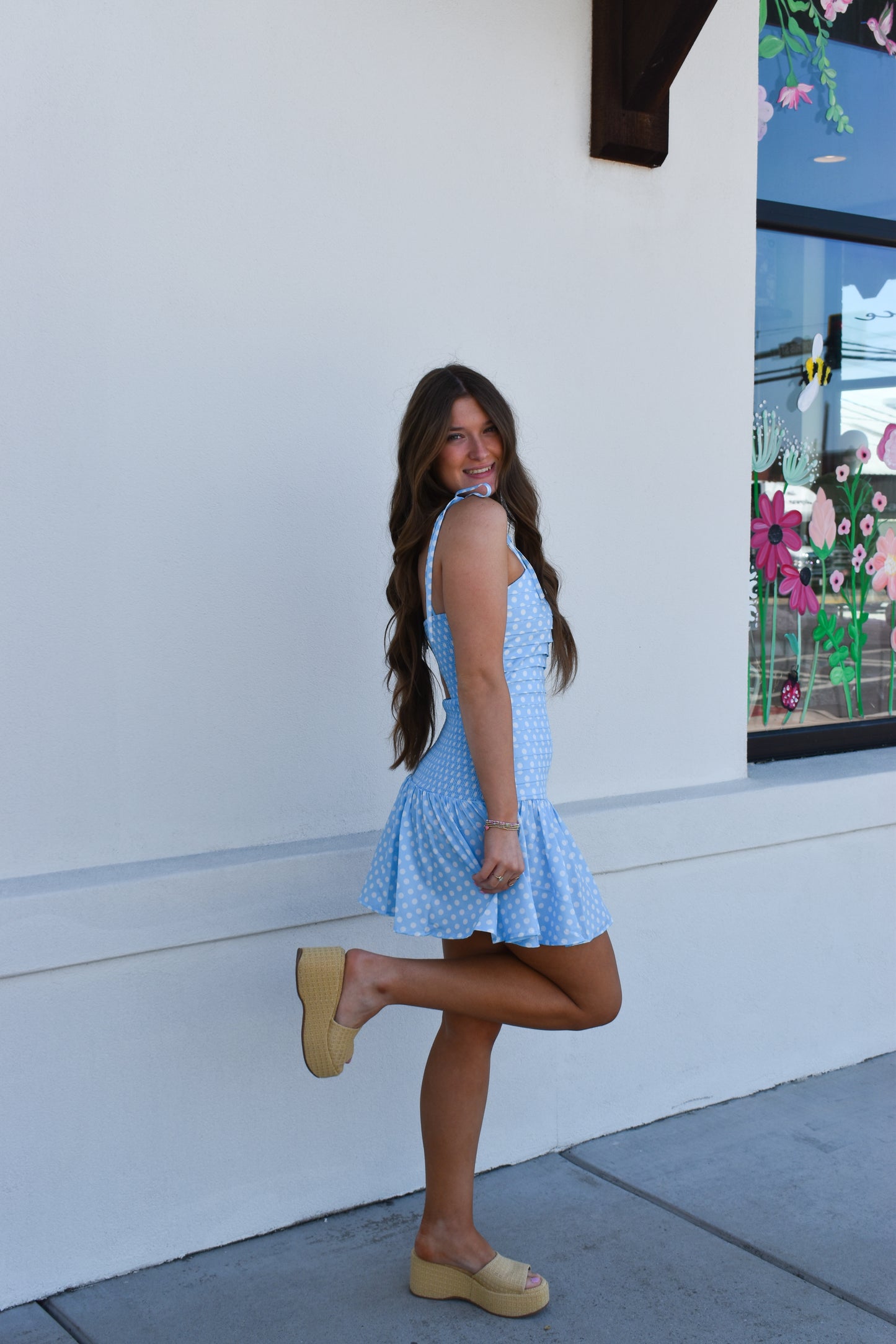 Blue Polka Dot Pleated Mini Dress