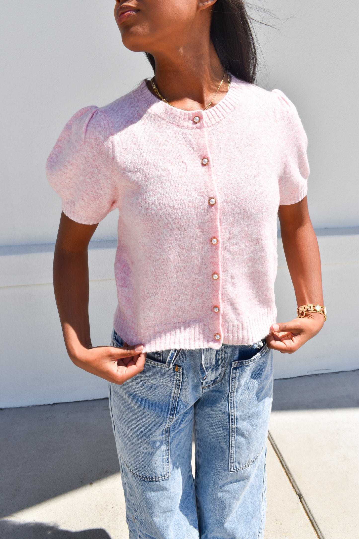 Pink Cardi W/ Pearl Buttons