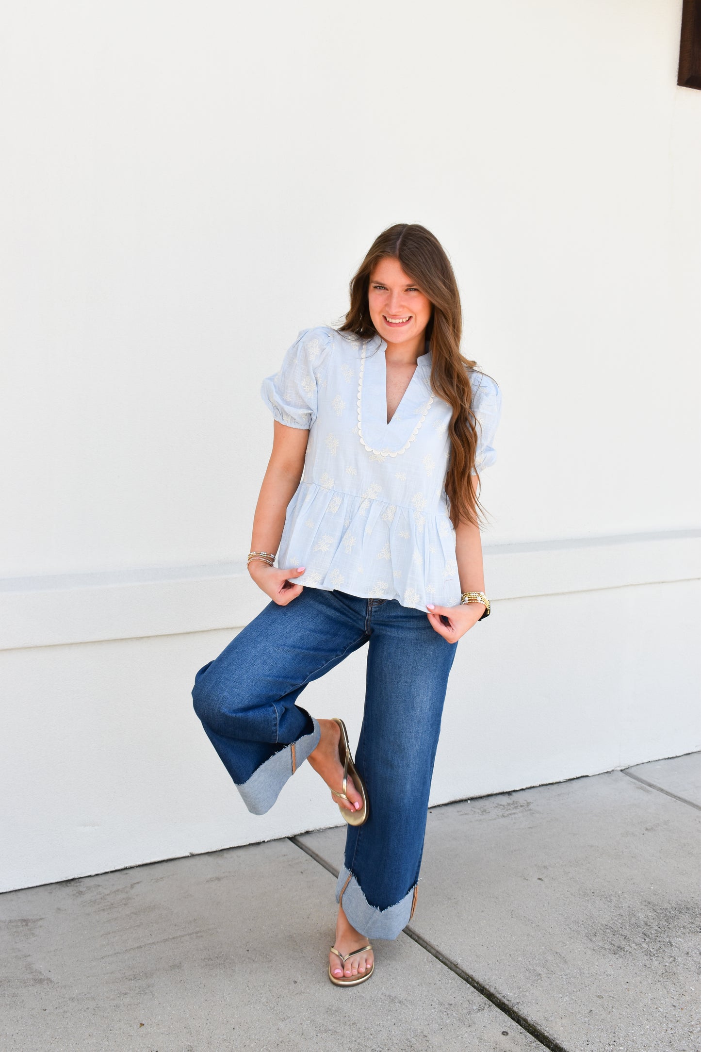 Risen High-Rise Wide-Cuffed Jeans: Dark Wash