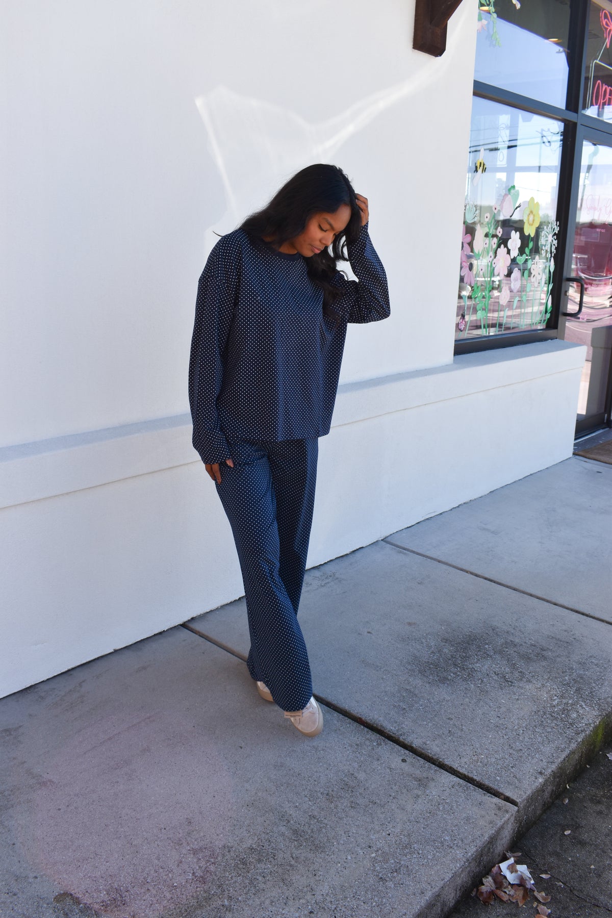 Navy Blue Polka Dot Loungewear Long Sleeve Top