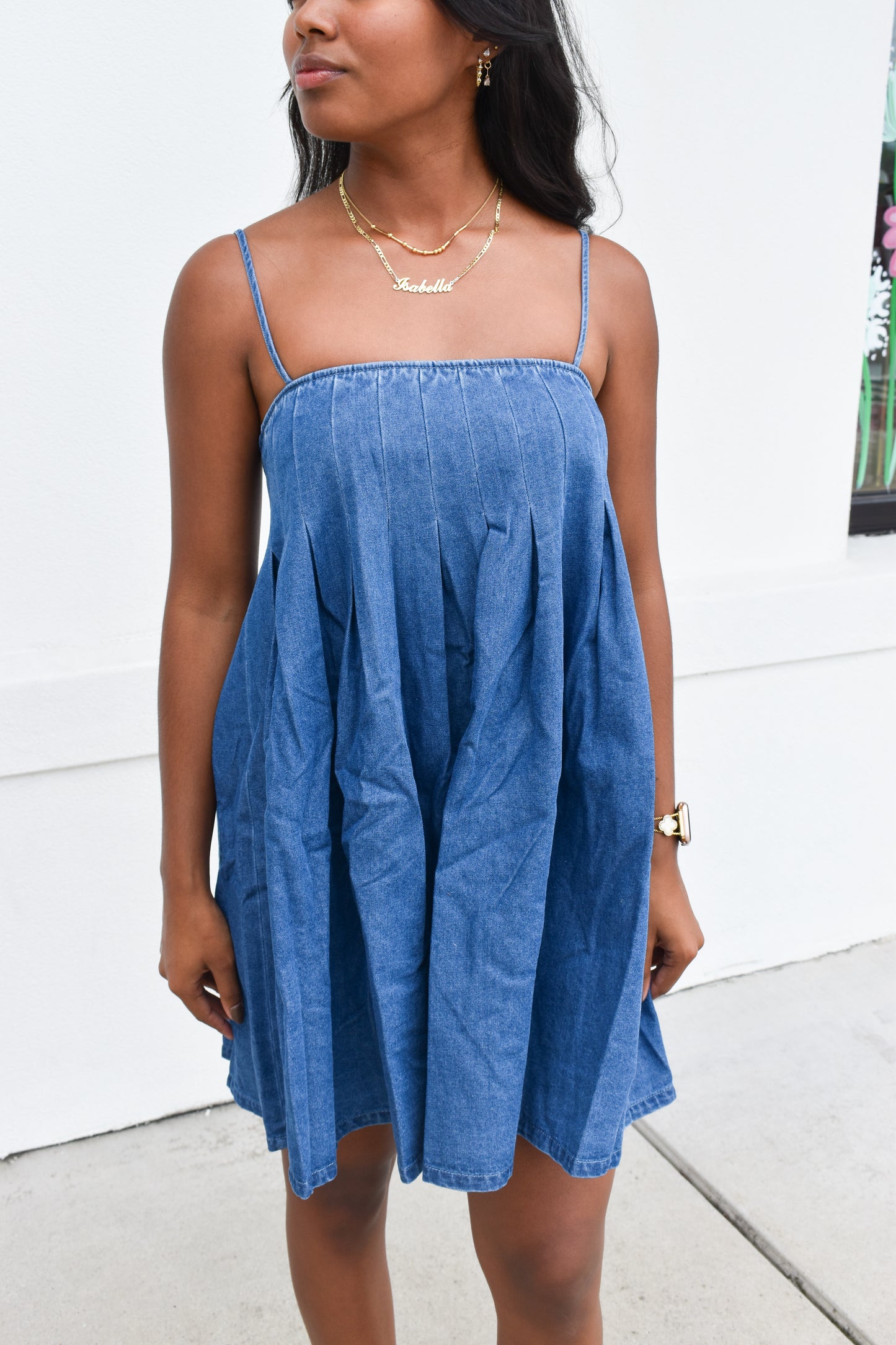 Denim Pleated Babydoll Dress
