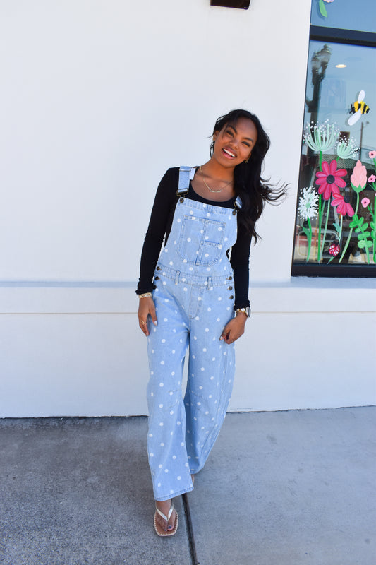 Denim Polka Dot Barrel Overalls