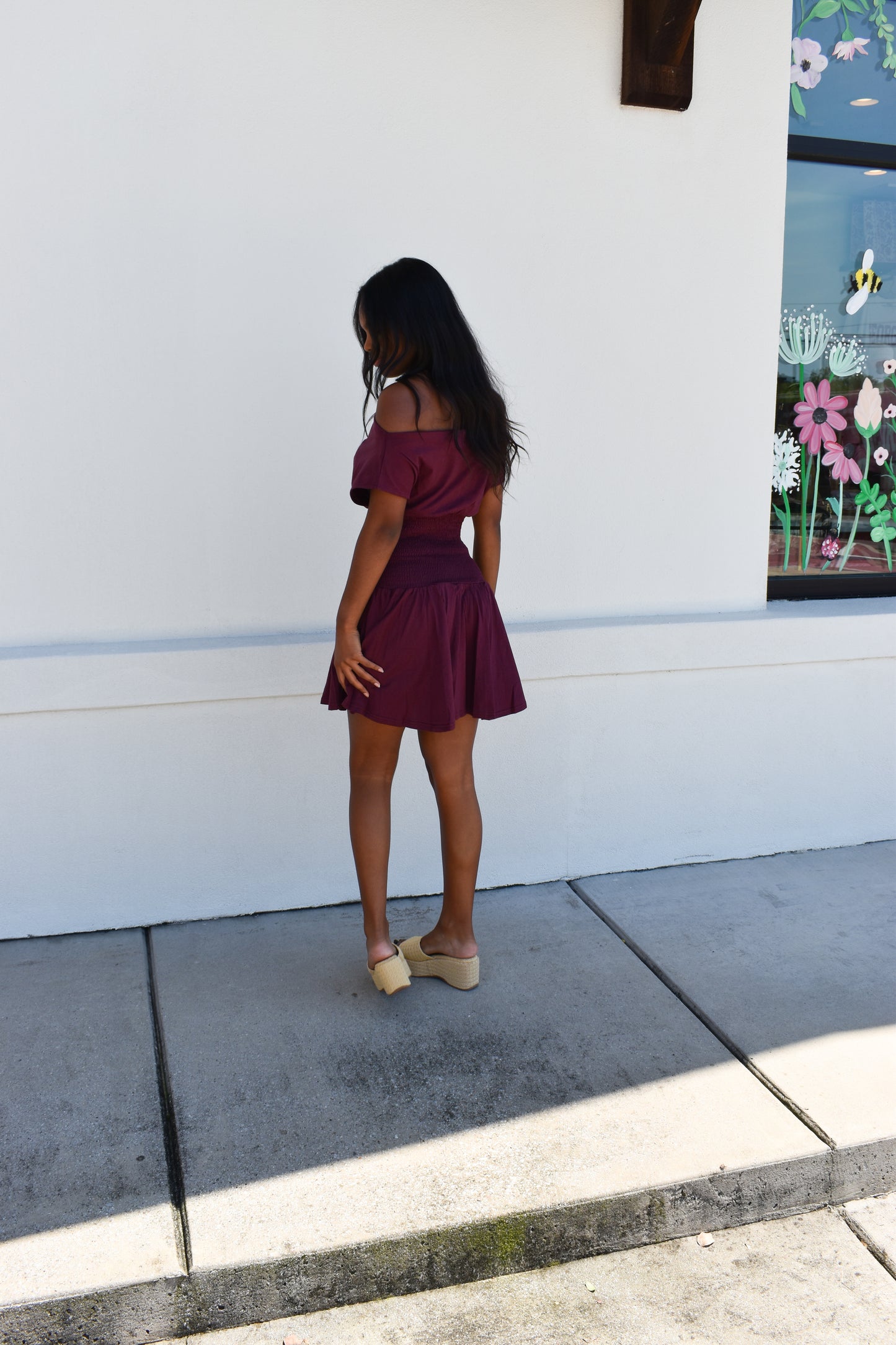 Off Shoulder Smocked Waist Dress: Wine