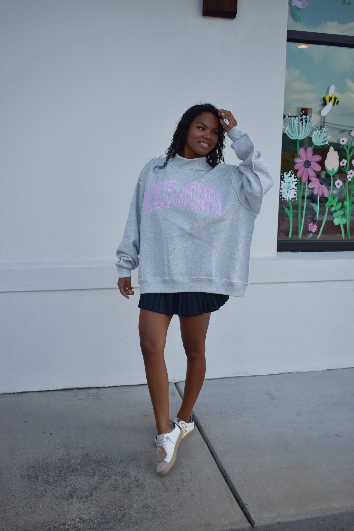 "MAHJONG" Embroidered Stripe Mockneck