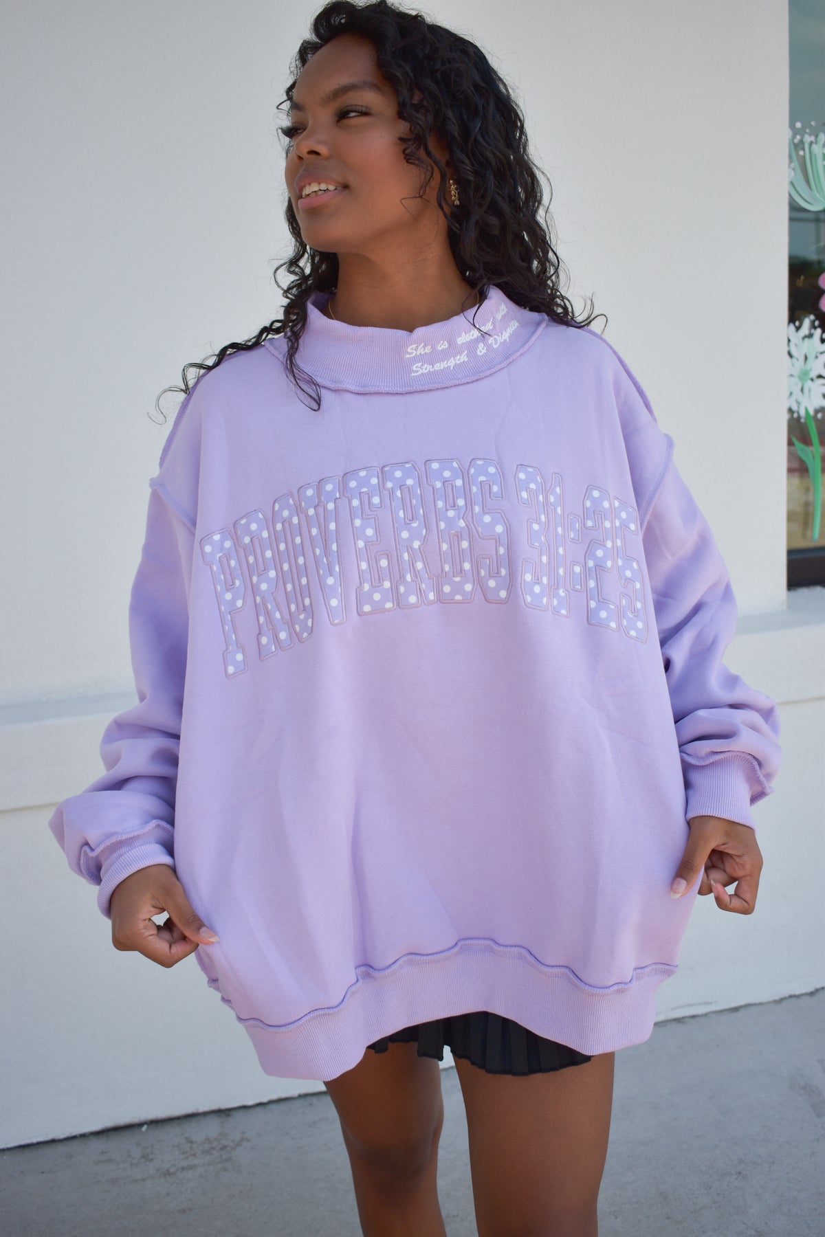'PROVERBS 31:25' Script Collar Mockneck: Lavender