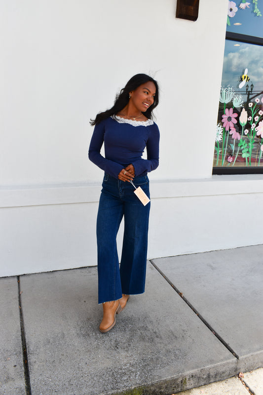 Lace Scoop Neck Blue Top