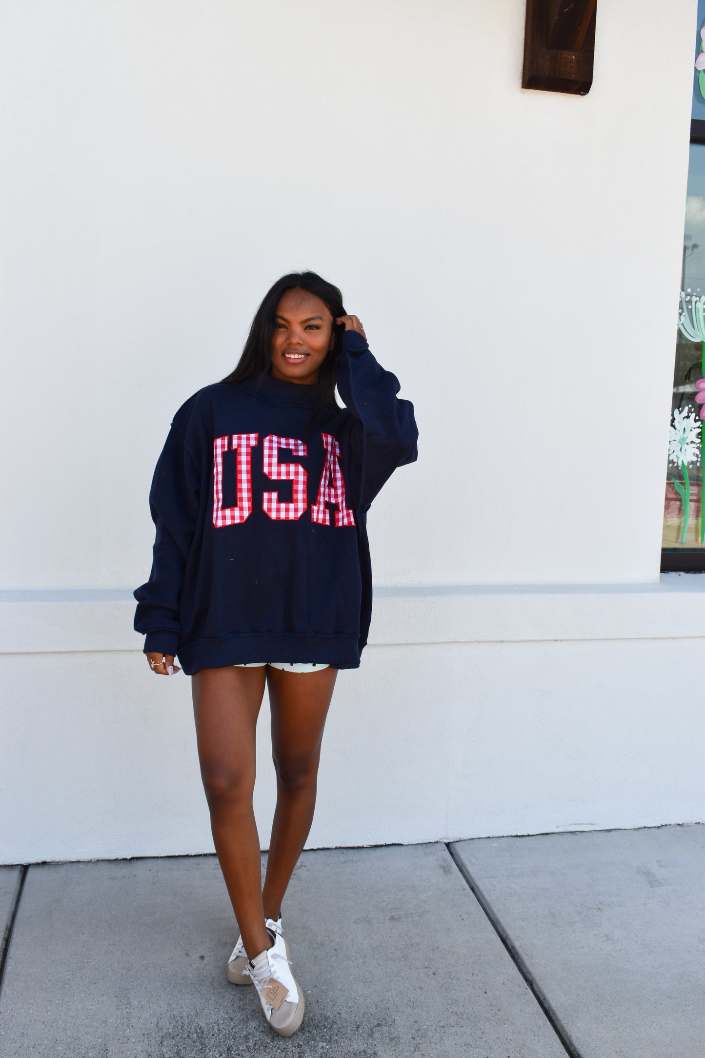 Gingham Embroidery "USA" Mock Neck Sweatshirt
