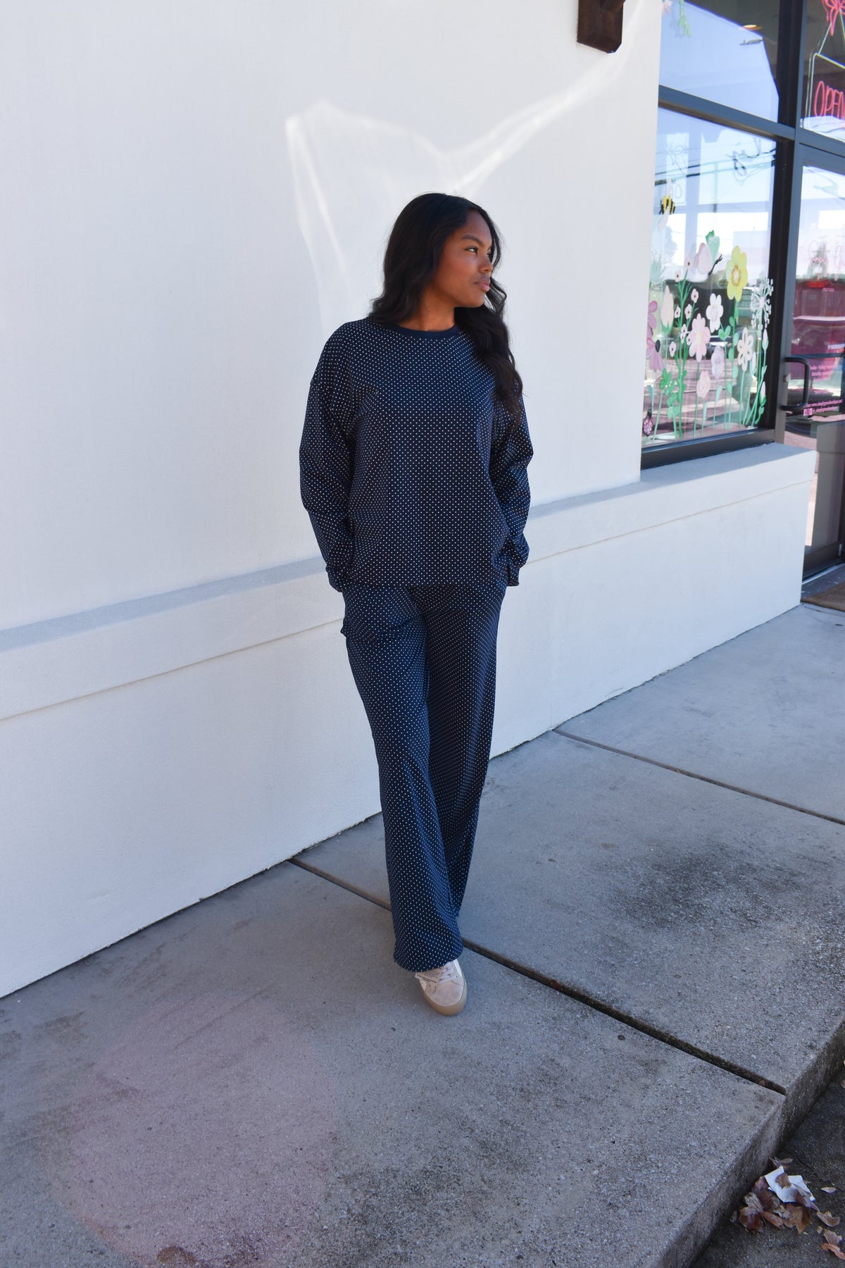 Navy Blue Polka Dot Loungewear Long Sleeve Top