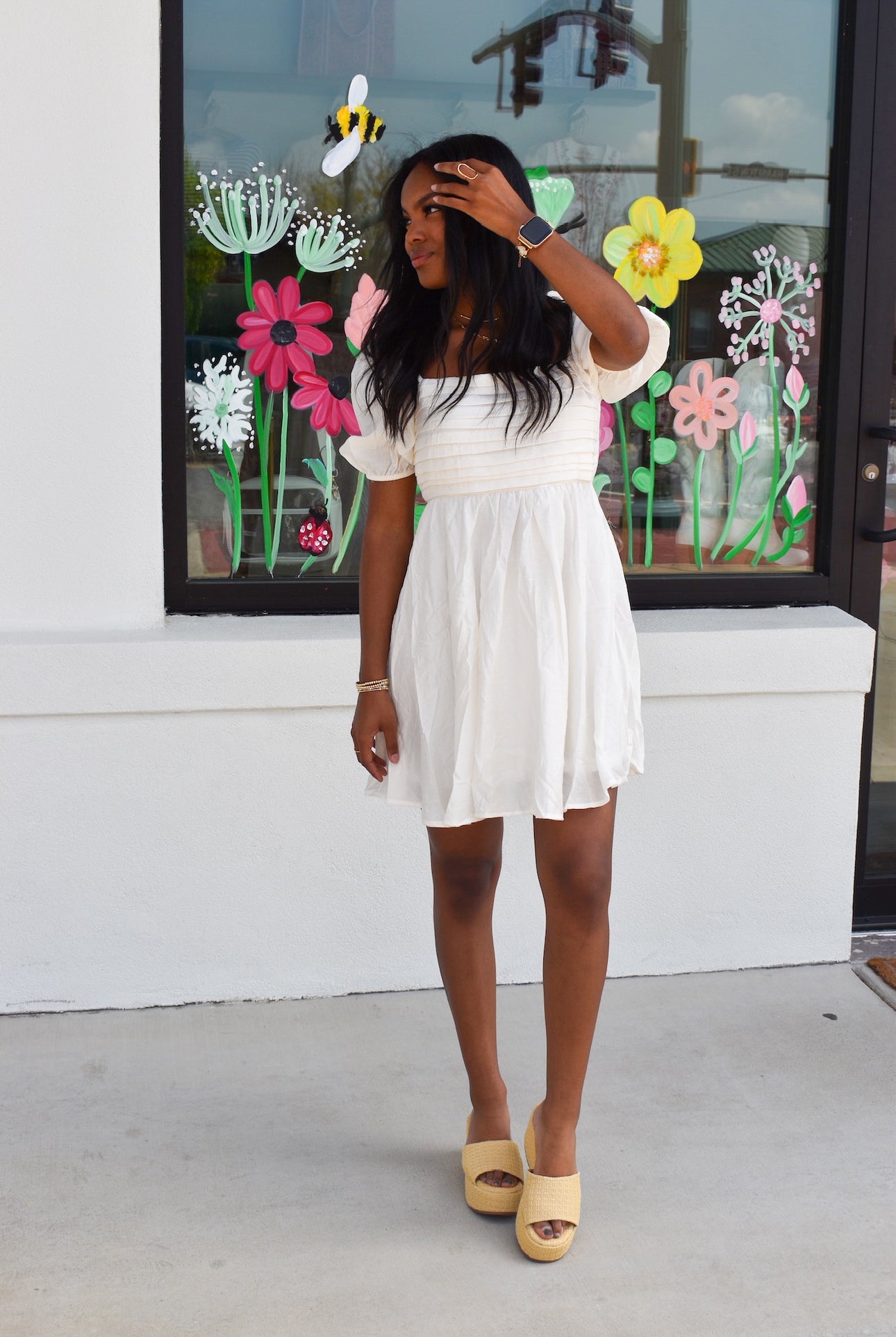Pleated Puff Sleeve Mini Dress