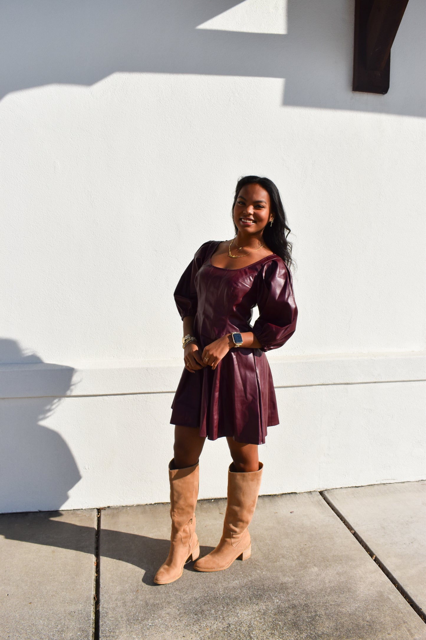 Red Leather Puff Sleeve Dress