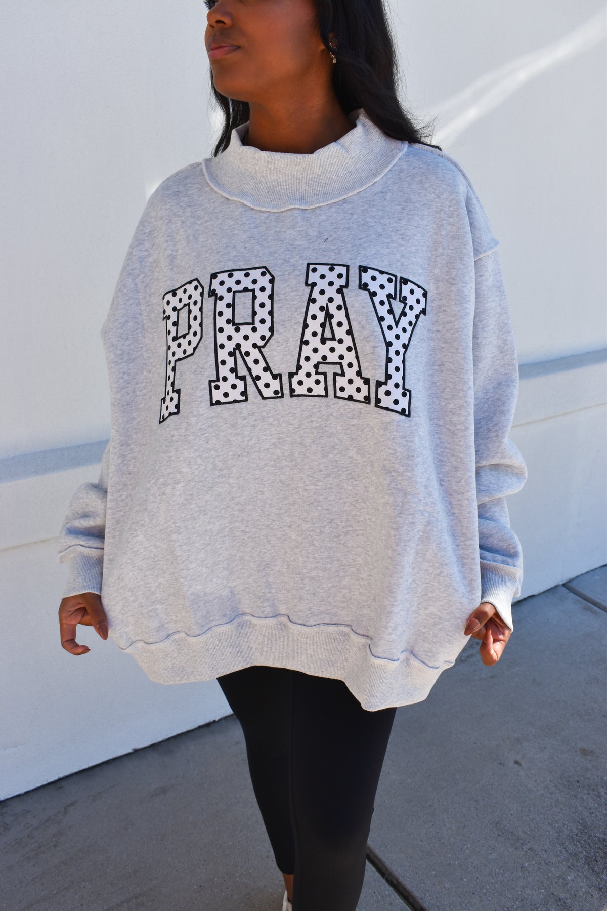 Embroidered "PRAY" Polka Dot Mockneck