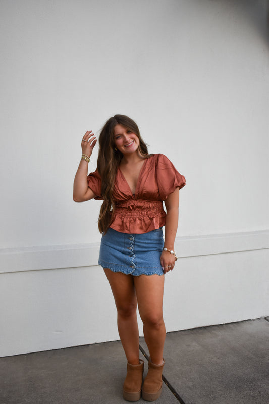 V Neck Satin Bubble Sleeve Top