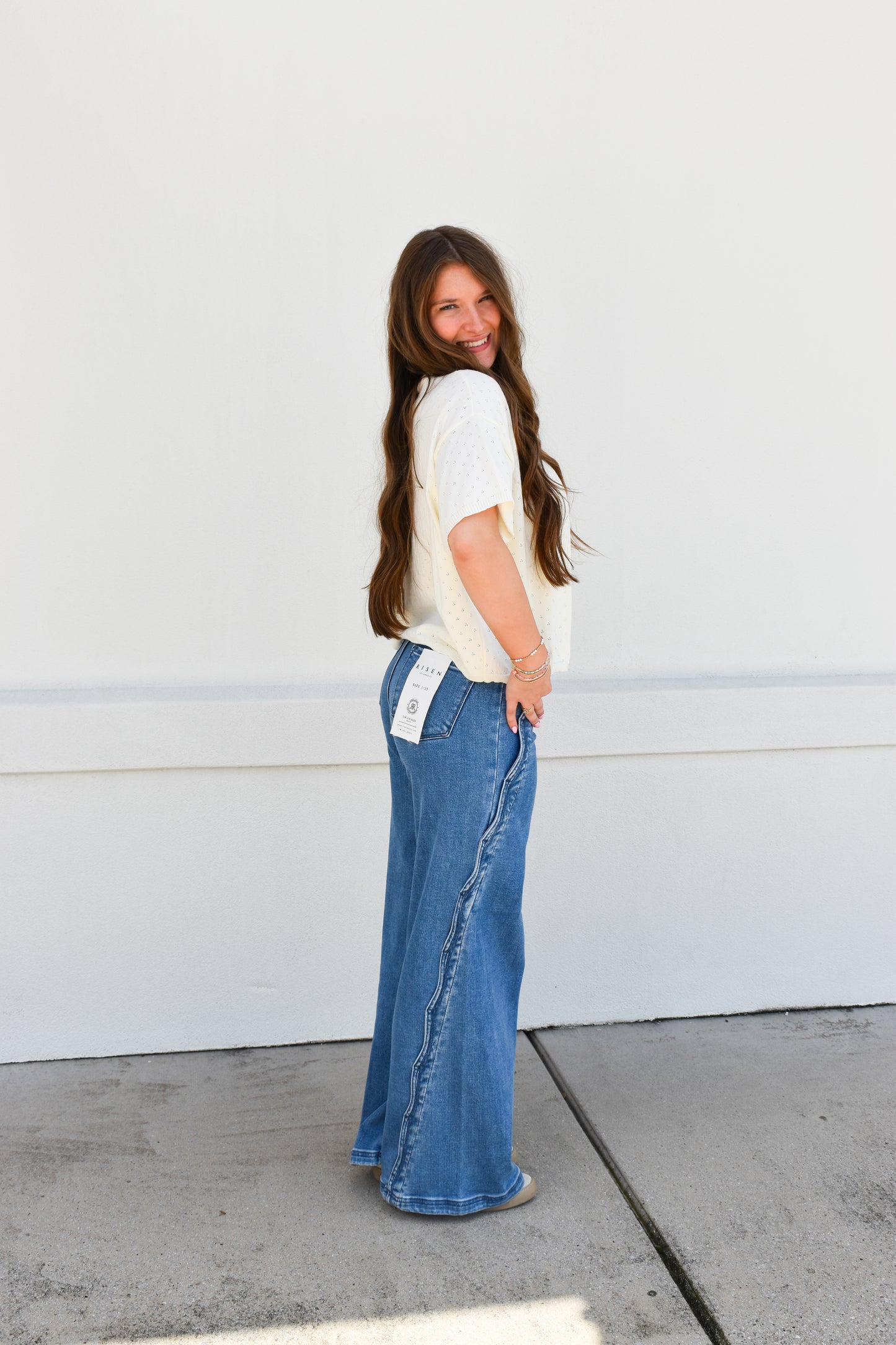 High Rise Wide Leg With Scalloped Edge Detail: Medium Wash