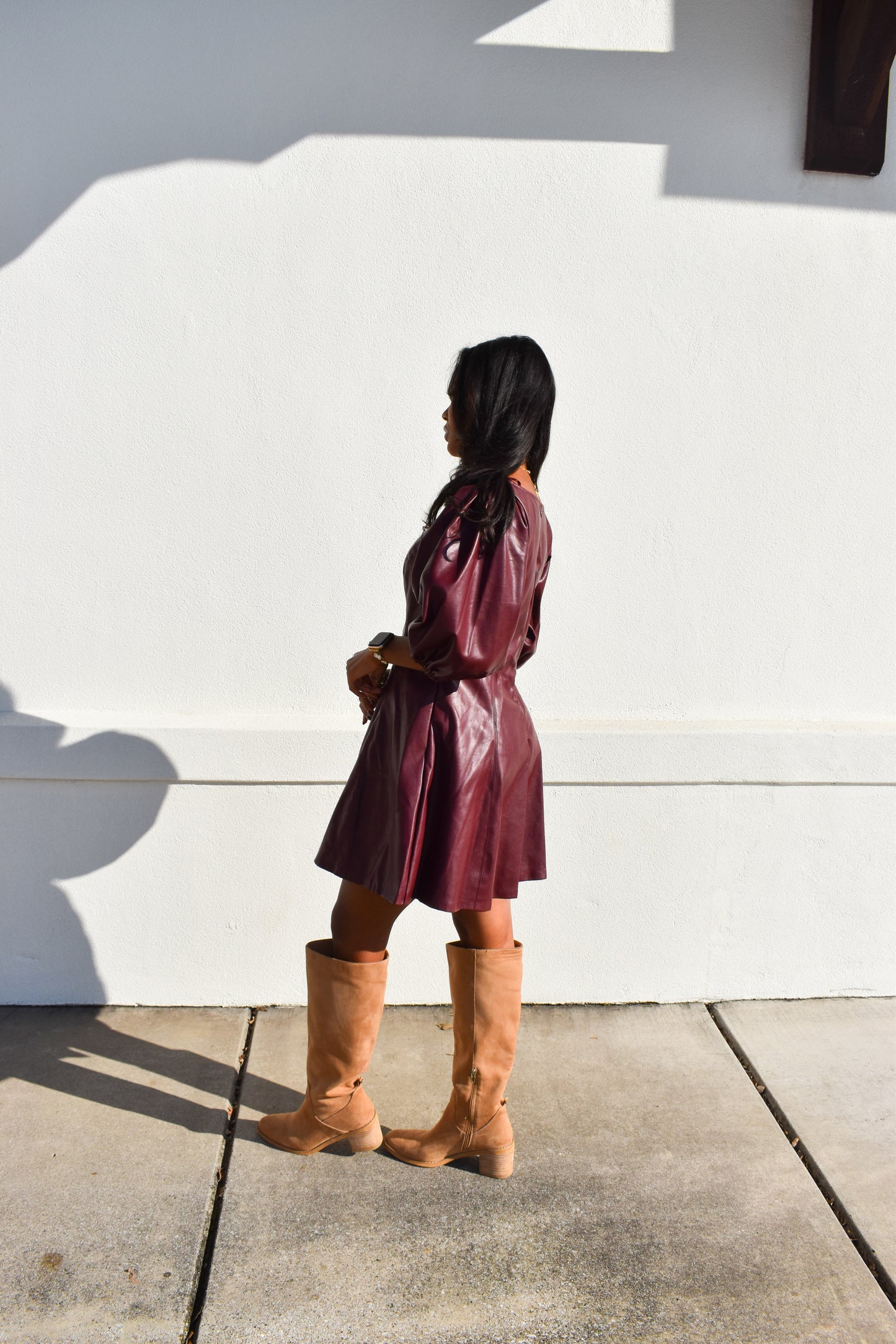 Red Leather Puff Sleeve Dress