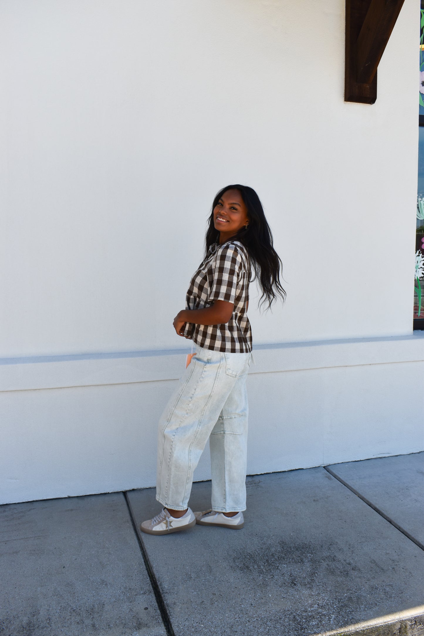 Keyhole Tie-Neck Gingham Peplum Blouse